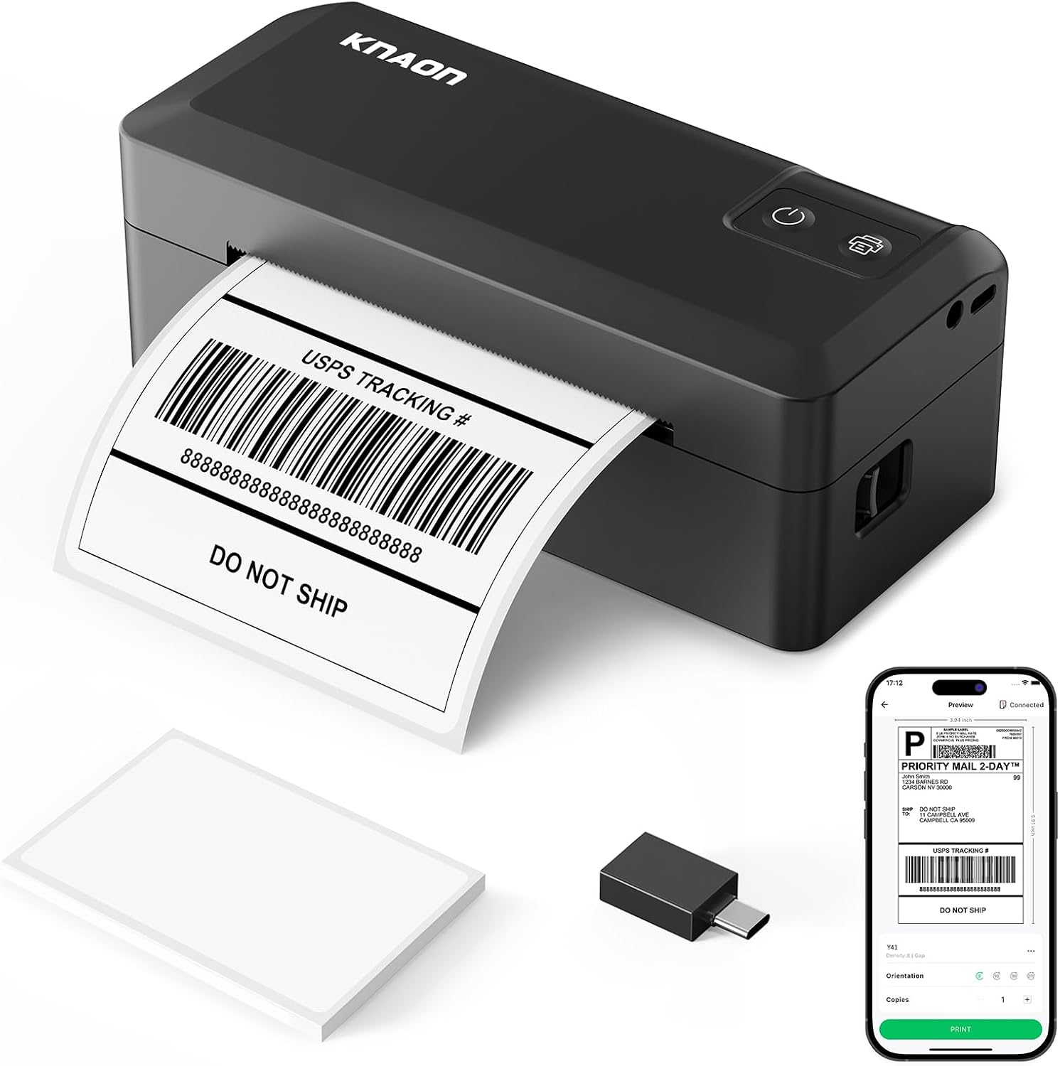 KNAON Shipping Thermal Label Printer, 4×6 Portable Label Printer, Black | Bluetooth Label Printer, Portable for Home Office & Small Business, Works with iPhone, Android, PC, Perfect for Etsy, USPS
