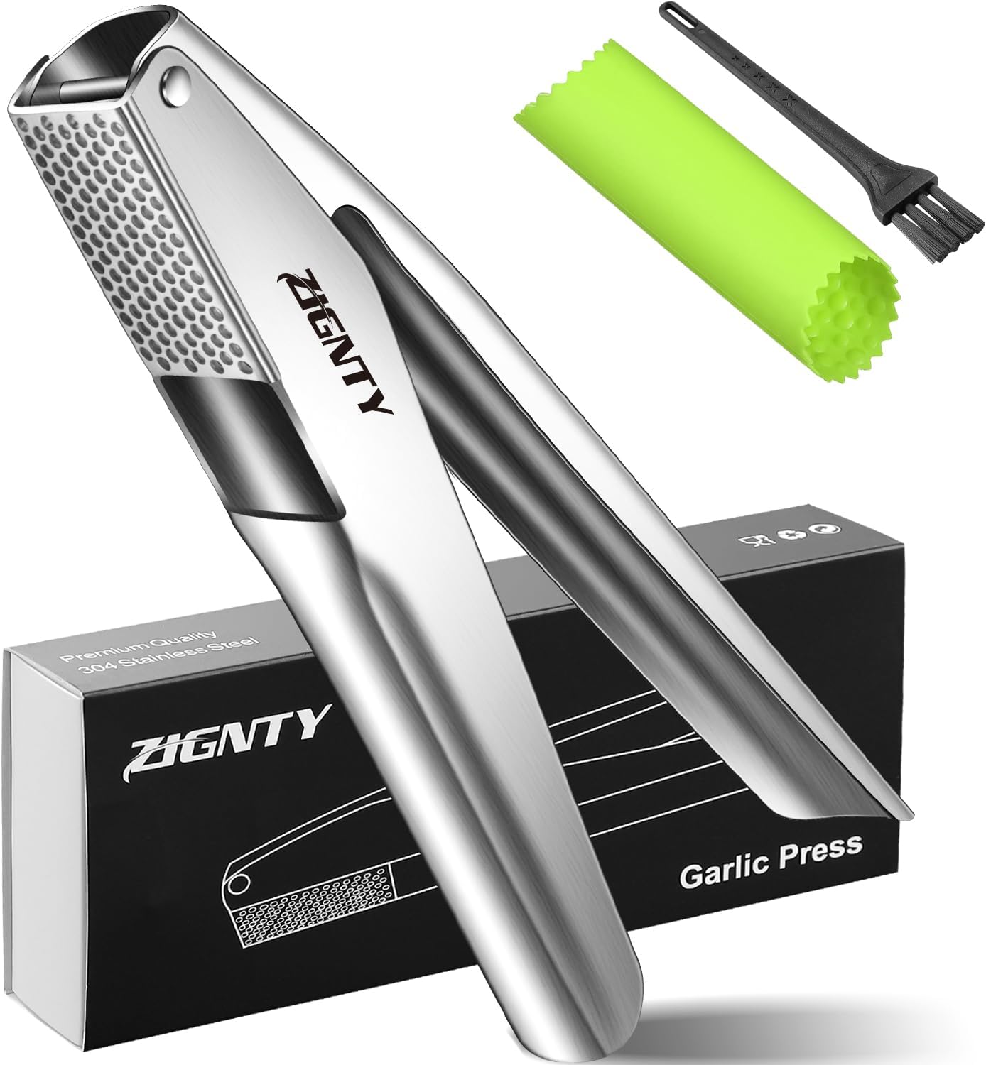 Professional Garlic Press Stainless Steel,Garlic Mincer Large Trough | No Need to Peel, Efficient Garlic Crusher & Ginger Presser, Ergonomic Labor-saving Handle, Easy Squeeze, Dishwasher Safe