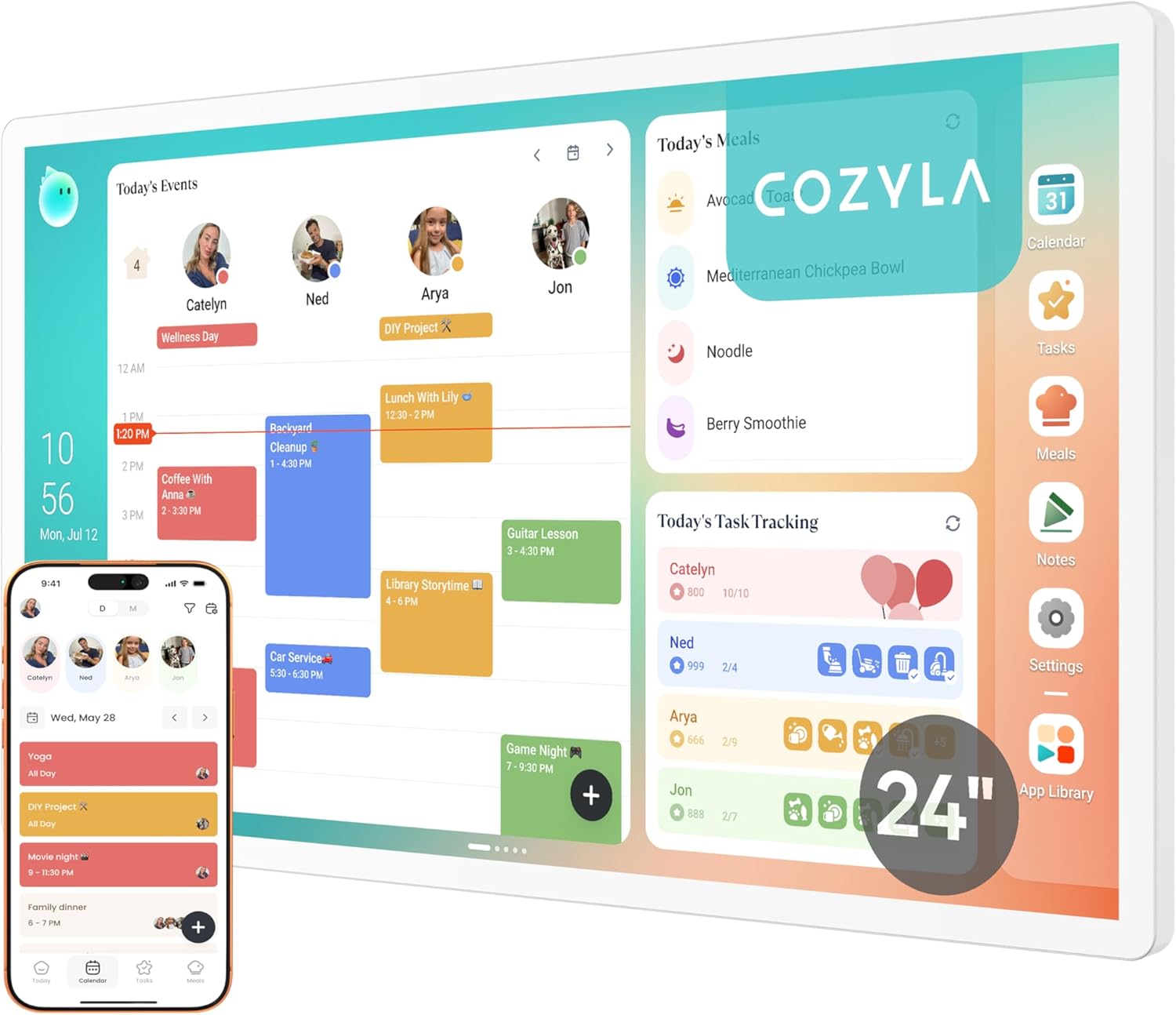 Calendar Plus 2: 24″ Smart Digital Calendar with Google Play Store | Customizable Dashboard, Electronic Touch Screen Wall Planner with Voice Agent, Chore Chart＆Reward, Meal Planner & Wall Mount