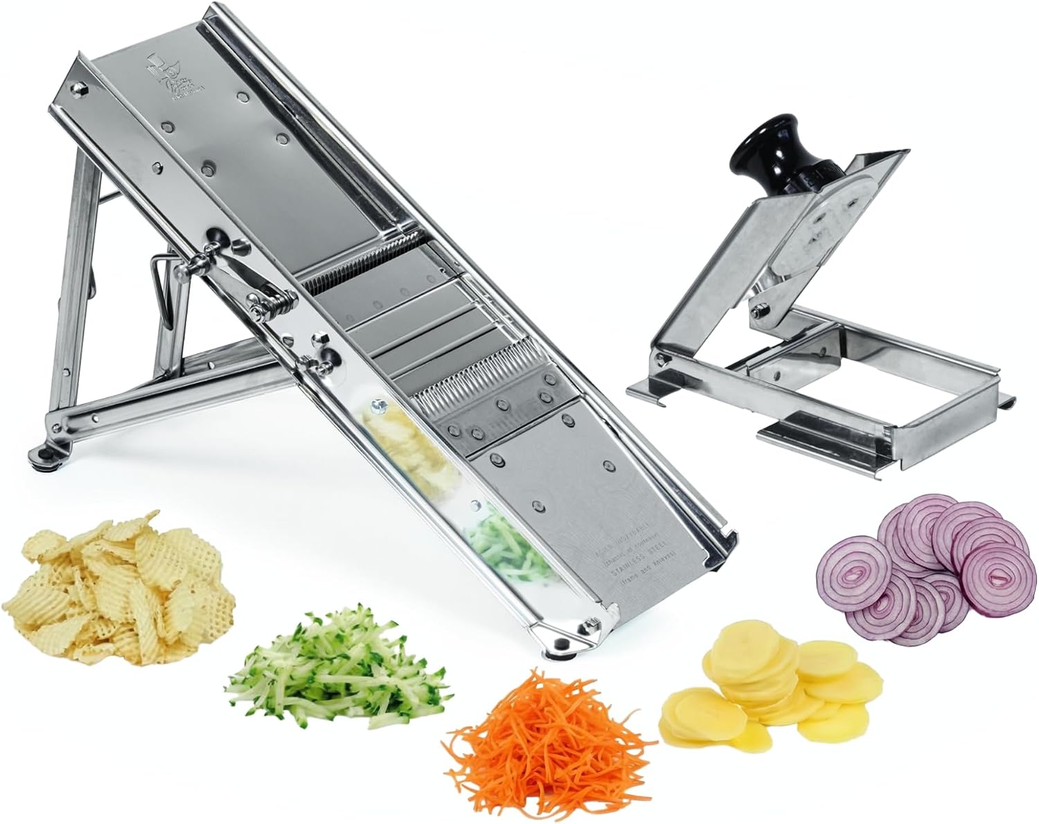 Bron Coucke – Professional Stainless Steel Mandoline with Protective Carriage – 2 Integrated Cutting Blade Units (3 mm & 10 mm) – Smooth & Corrugated Blades – Adjustable – Multi-Function