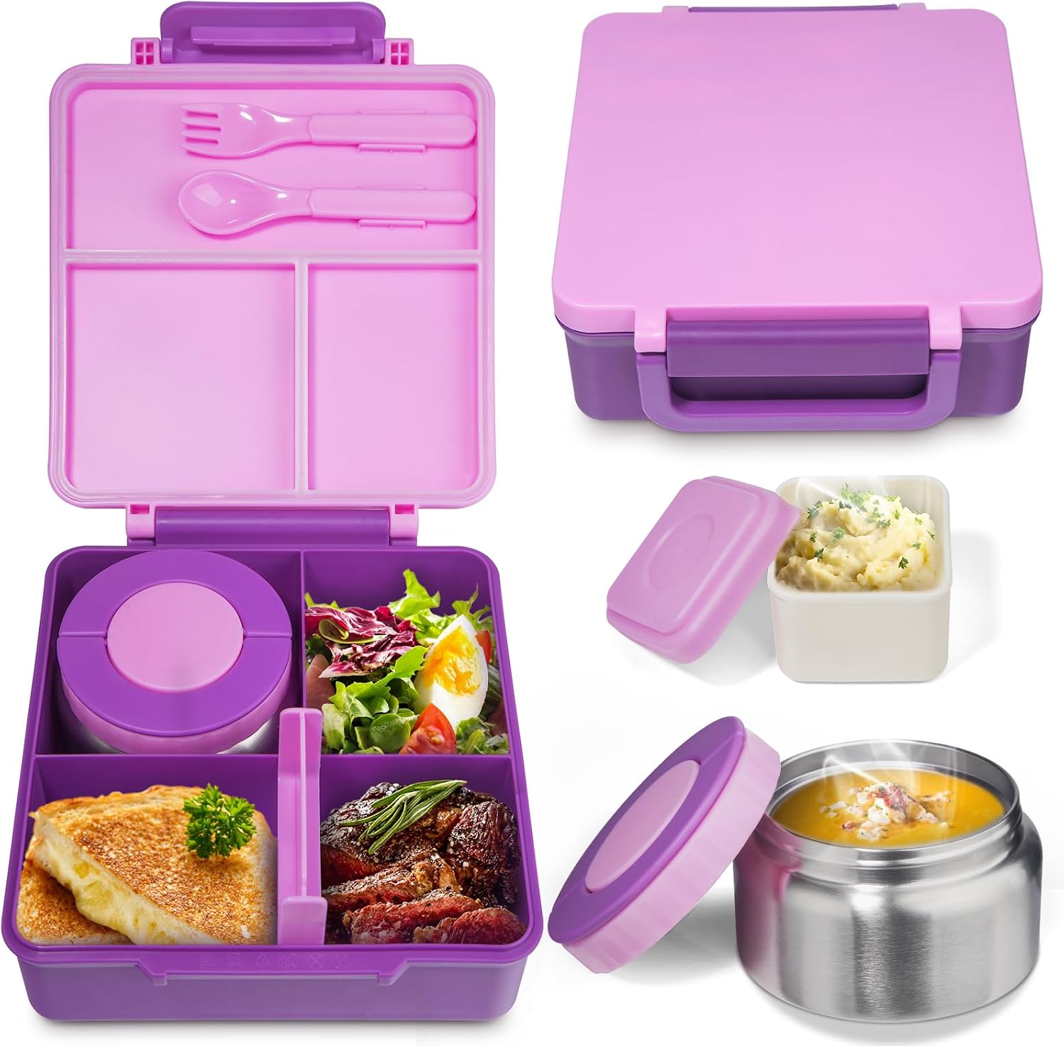 SOHIDA Bento Box with 10oz Soup Thermo: Kids Leakproof Lunch Box with 3 Compartments – Dishwasher Safe and BPA-Free – Vacuum Insulated Food Jar Suitable for Kids Back to School, Travel – Purple