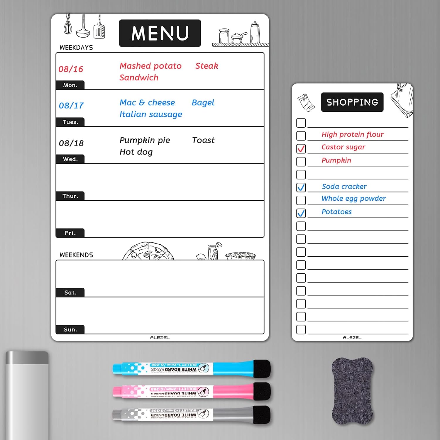 Magnetic Dry Erase Menu Board for Fridge, Weekly Meal Planner Whiteboard Set for Kitchen Refrigerator – Includes 1 Grocery List, 3 Markers + Eraser