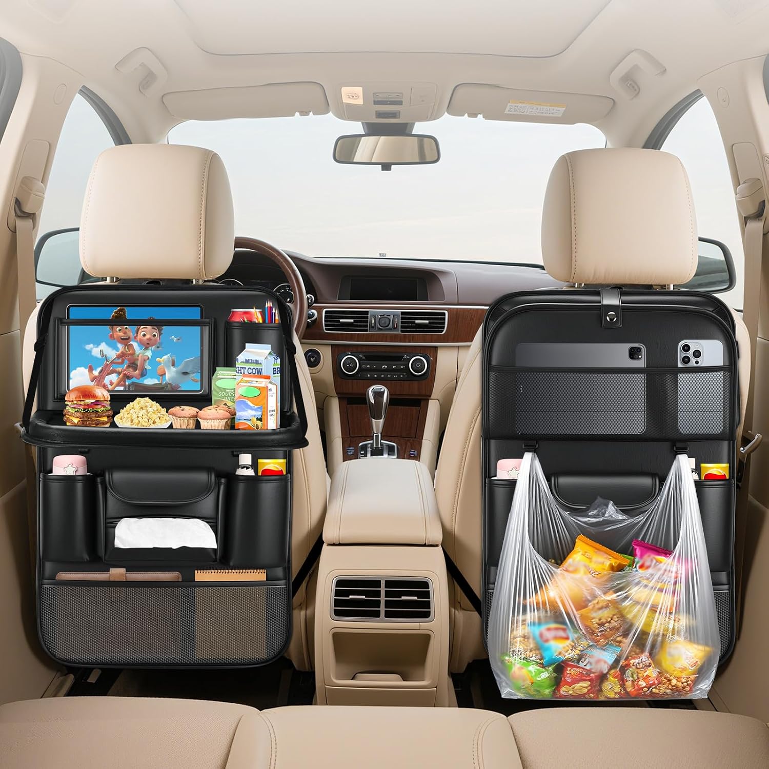 2 Pack Leather Car Backseat Organizer with Foldable Table Tray | Garbage Bag Hook, Protector Kick Mats for Kids, 8 Large-Capacity Pocket, Universal Car Seat Protector for Kids, Pets & Travel