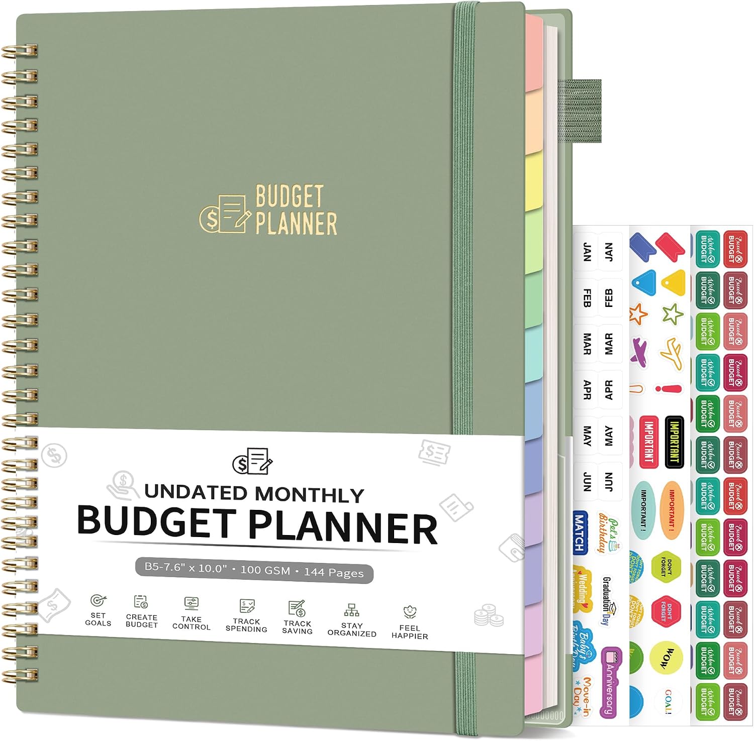 Monthly Budget Planner with Expense Tracker Notebook, B5 (7.3″ x 10.15″) | Undated Financial Planner with PVC Colorful Tabs for Income, Bill, Debt, Savings, Manages Your Money Effectively, Light Green