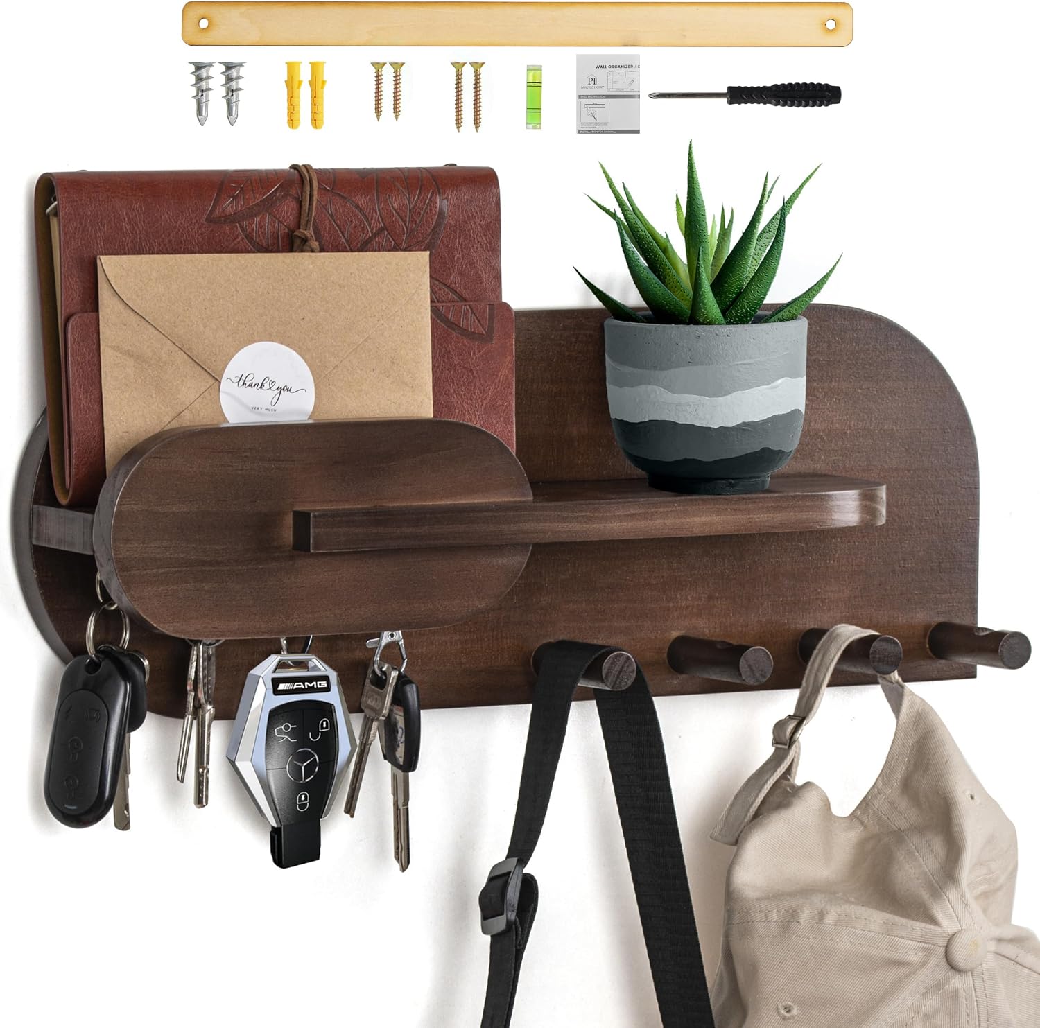 Solid Wood Mail and Key Holder for Wall Decorative Display – Includes Mail Holder, Shelf with Hooks for Keys & Pegs for Hanging Hats, Coats, Bags, Backpacks & More – Sleek Modern Design, Walnut Brown