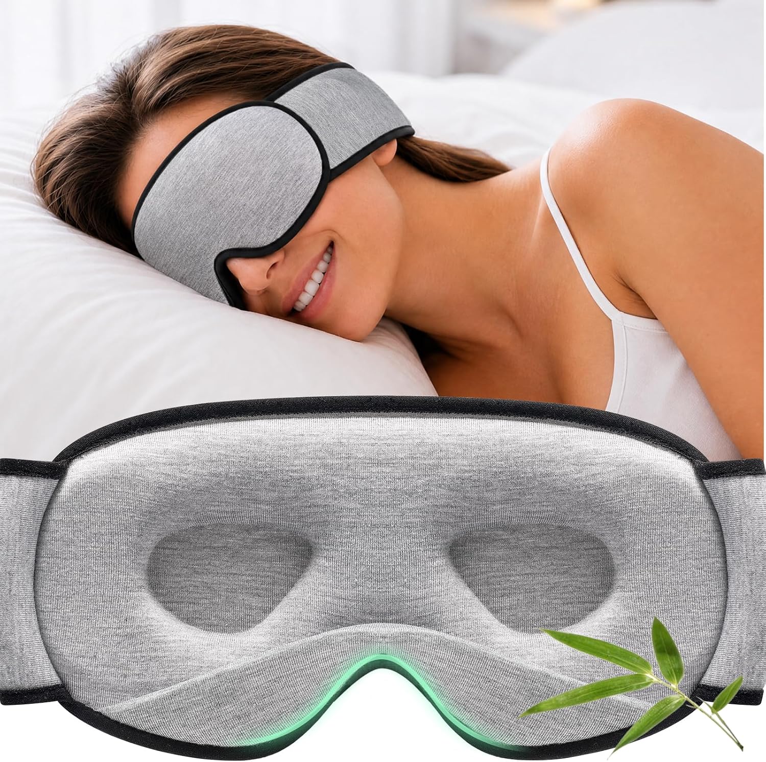 YFONG Sleep Mask for Side Sleeper Women Men, Soft Breathable Bamboo Viscose | Eye Mask for Sleeping, 100% Blackout 3D Eye Cover, Wider Adjustable Hook & Loop Straps for Ultra Comfort, Light Gray