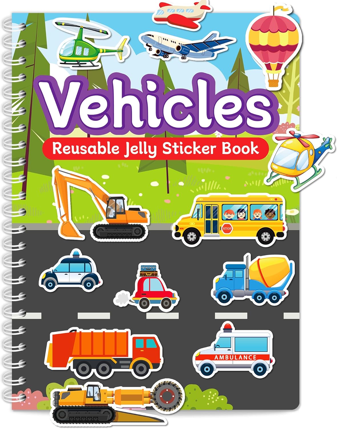 Zartores Reusable Sticker Book for Toddlers 3 4 5, Jelly Stickers for Kids | Waterproof Mess-Free Travel Toys, Airplane Road Trip Essentials Kids, 7 Scenes Activity Book, Boys Girls Gifts, Vehicle Theme