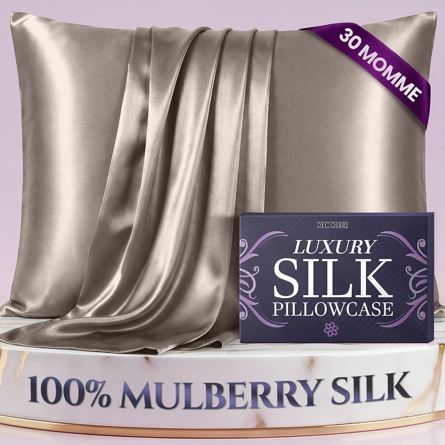 DECOLURE 100% Pure Mulberry Silk Pillow Case Standard Size – High Grade 30 Momme 6A+, Luxuriously Soft & Cooling Silk Pillowcase for Hair & Skin, Hypoallergenic, Breathable, Hidden Zipper (Champagne)