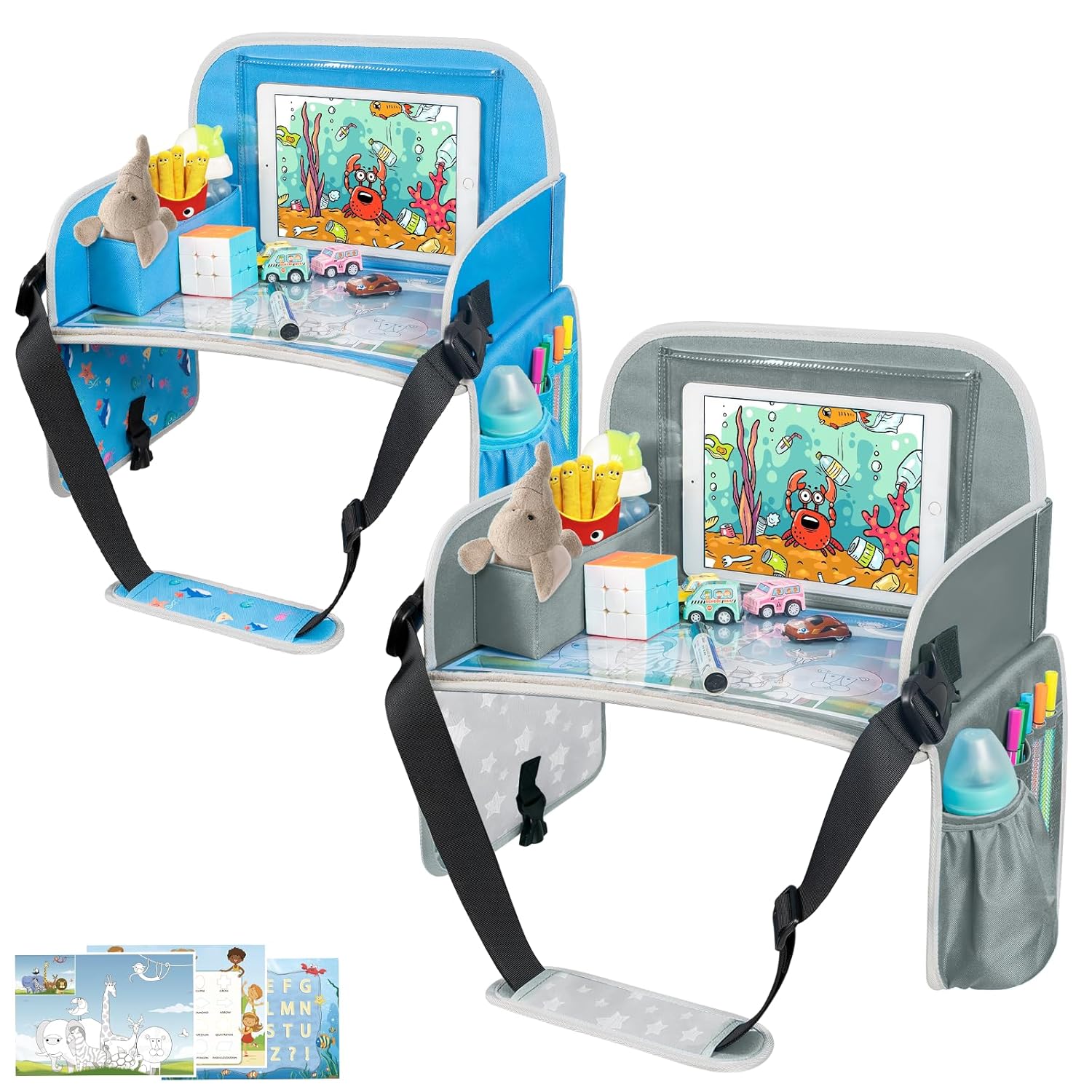 MENZOKE Kids Travel Tray for Boys or Girls, Travel Tray for Kids Car Seat | Road Trip Essentials Accessories with Tablet Holder, Dry Erase Board & Cooler Cup Holder for Car Trip, Airplane (2 Pack)