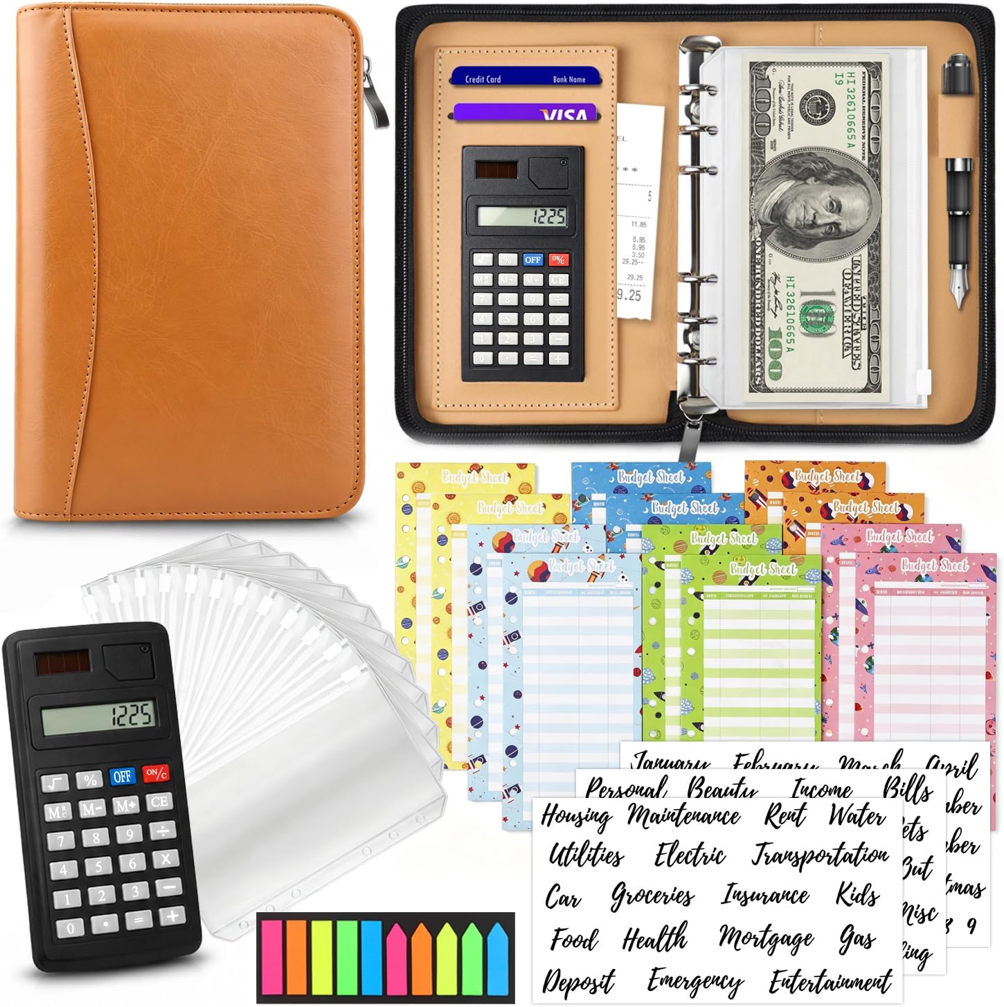 Budget Binder with Zipper Envelopes, Cash Envelopes for Budgeting | A6 PU Leather Budget Planner 2026 with Cash Envelopes Calculator, Bill Money Organizer for Cash Saving Budget System Wallet