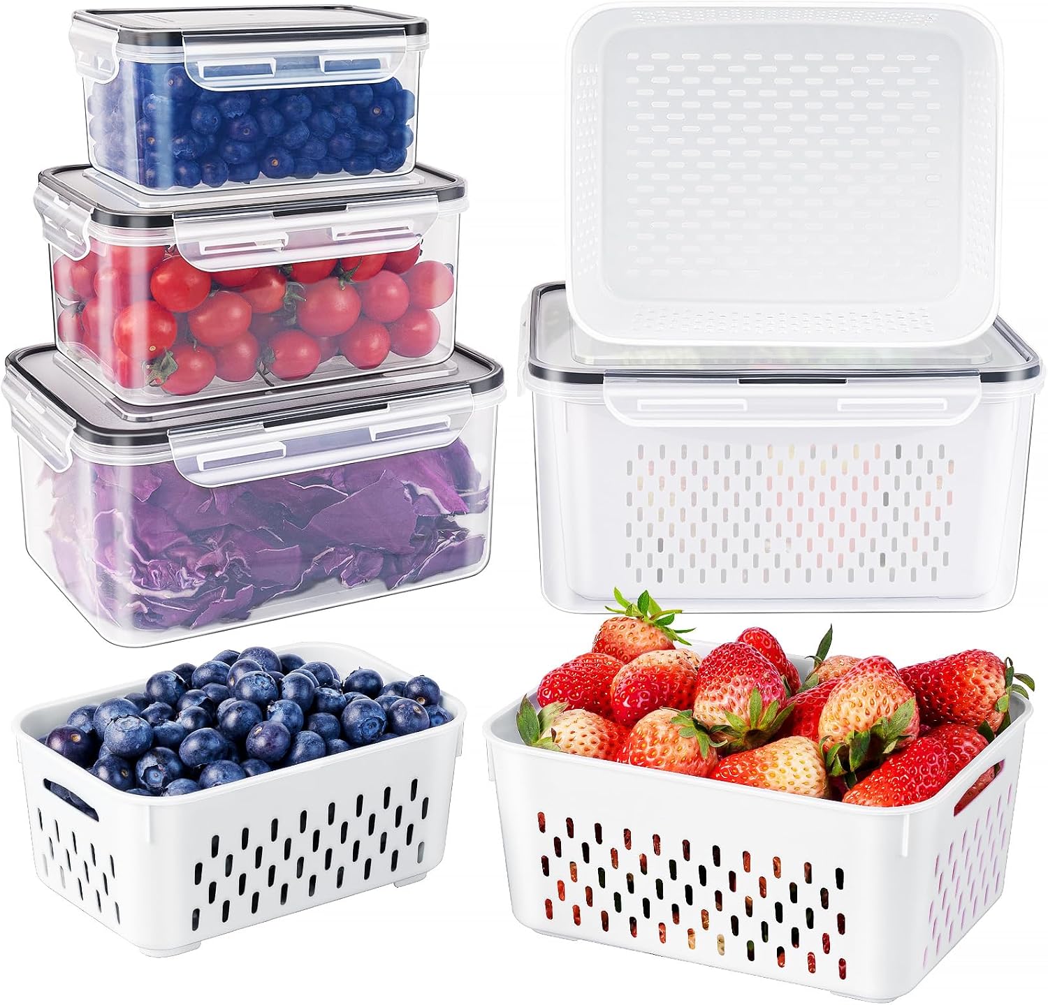 Fruit Storage Containers for Fridge with Removable Colander 4 PCS | Airtight Food Storage Container Dishwasher Safe Produce Saver for Refrigerator Keep Berry Fruit Fresh Longer Small Clear