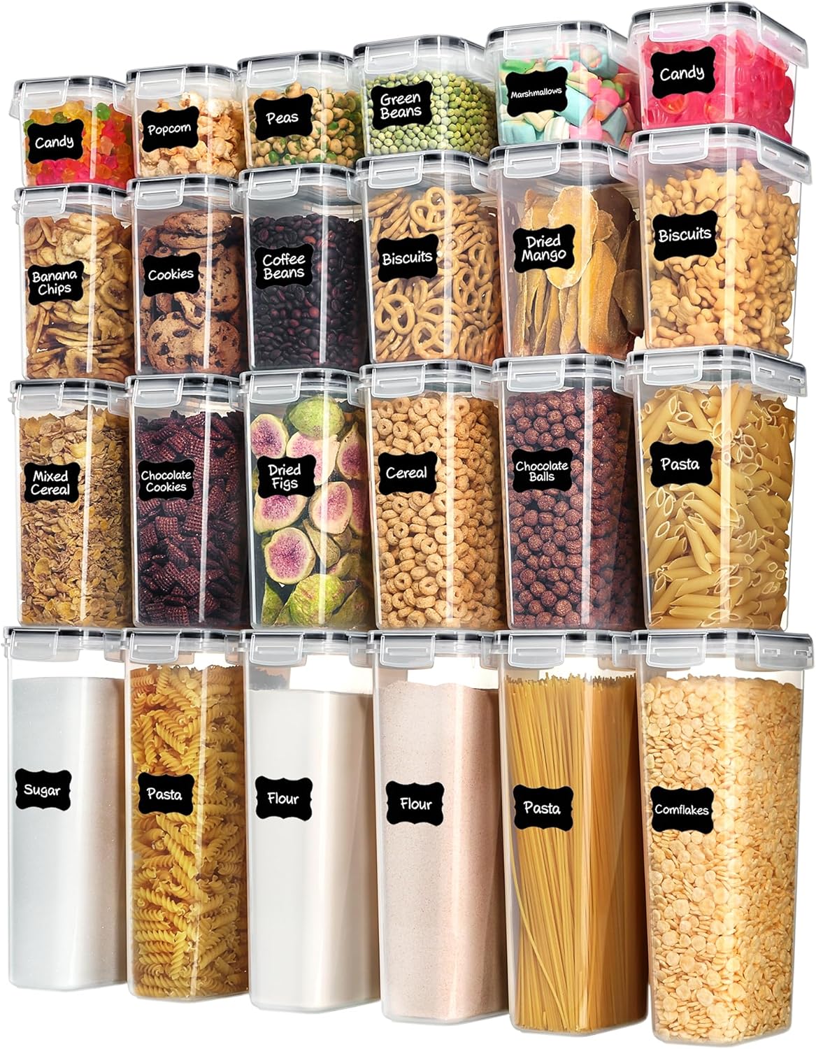 Airtight Food Storage Containers with Lids, Vtopmart 24 pcs Plastic Kitchen and Pantry Organization Canisters for Cereal, Dry Food, Flour and Sugar, BPA Free, Includes 24 Labels，Black | For Cereal Pasta Snack Flour Sugar, BPA Free, Airtight Seal, Multiple Sizes, Dishwasher Safe (Not Lids), Includes 24 Labels