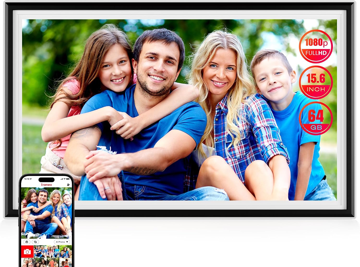 Smart WiFi Digital Picture Frame – 15.6-inch Full HD Touchscreen, 64GB Electronic Photo Frame Wall Mountable for Home Decor, Supports USB&SD Card, Share Precious Memories via Frameo App Anywhere