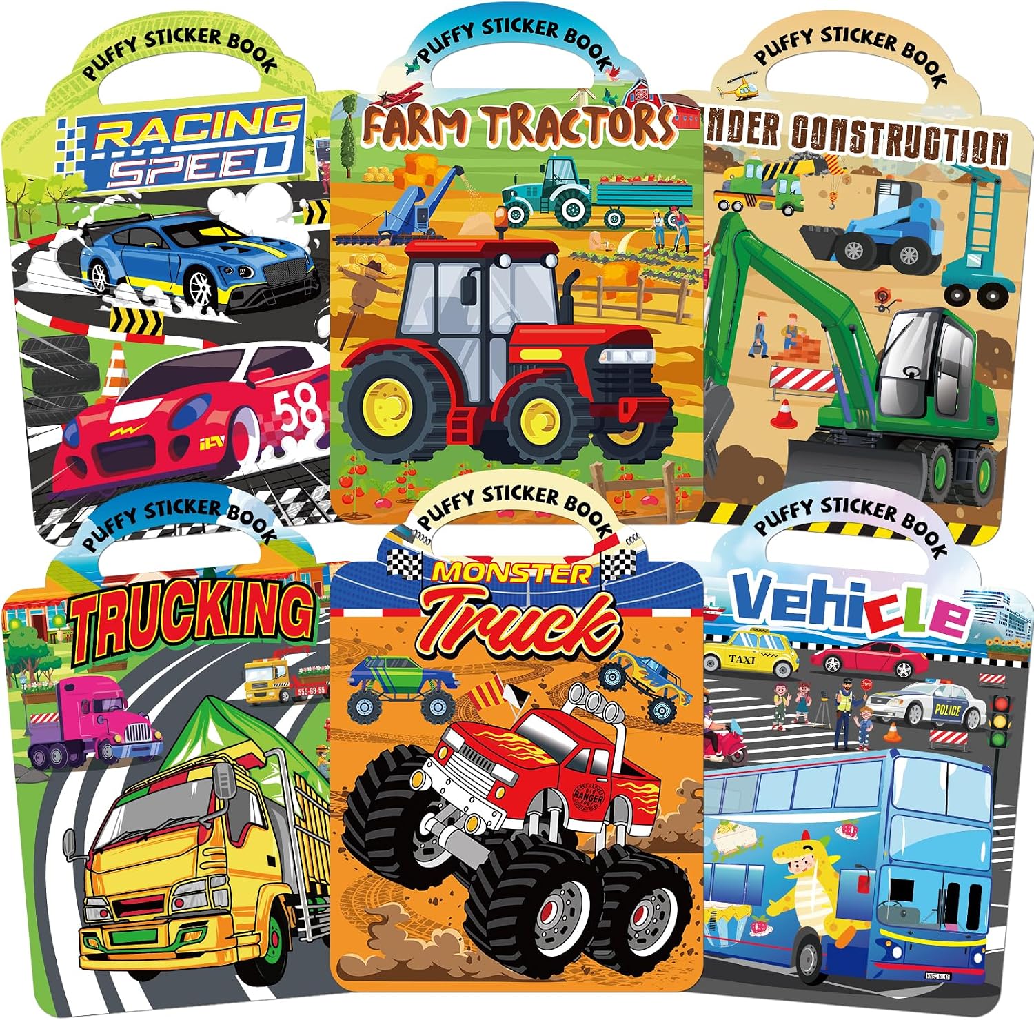 Elfew 6 Pack Car Sticker Books for Toddlers 2-4 3-5 | Over 190+ Stickers, 3D Reusable, Puffy Vehicle Stickers for Boys, Mess Free Activity Set, Road Trip Essentials Birthday Gift