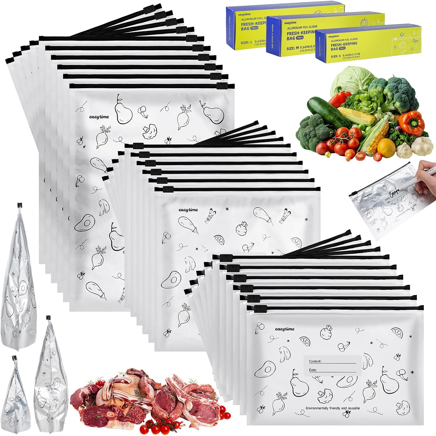 30 Pcs Reusable Aluminum Freezer Bags, Water Proof & Leak Proof Zipper Sealable Bags for Food Storage, Stand Up Foil Freezer Bags with Label & Zip Lock for Vegetable Fruit Meat（S+M+L）