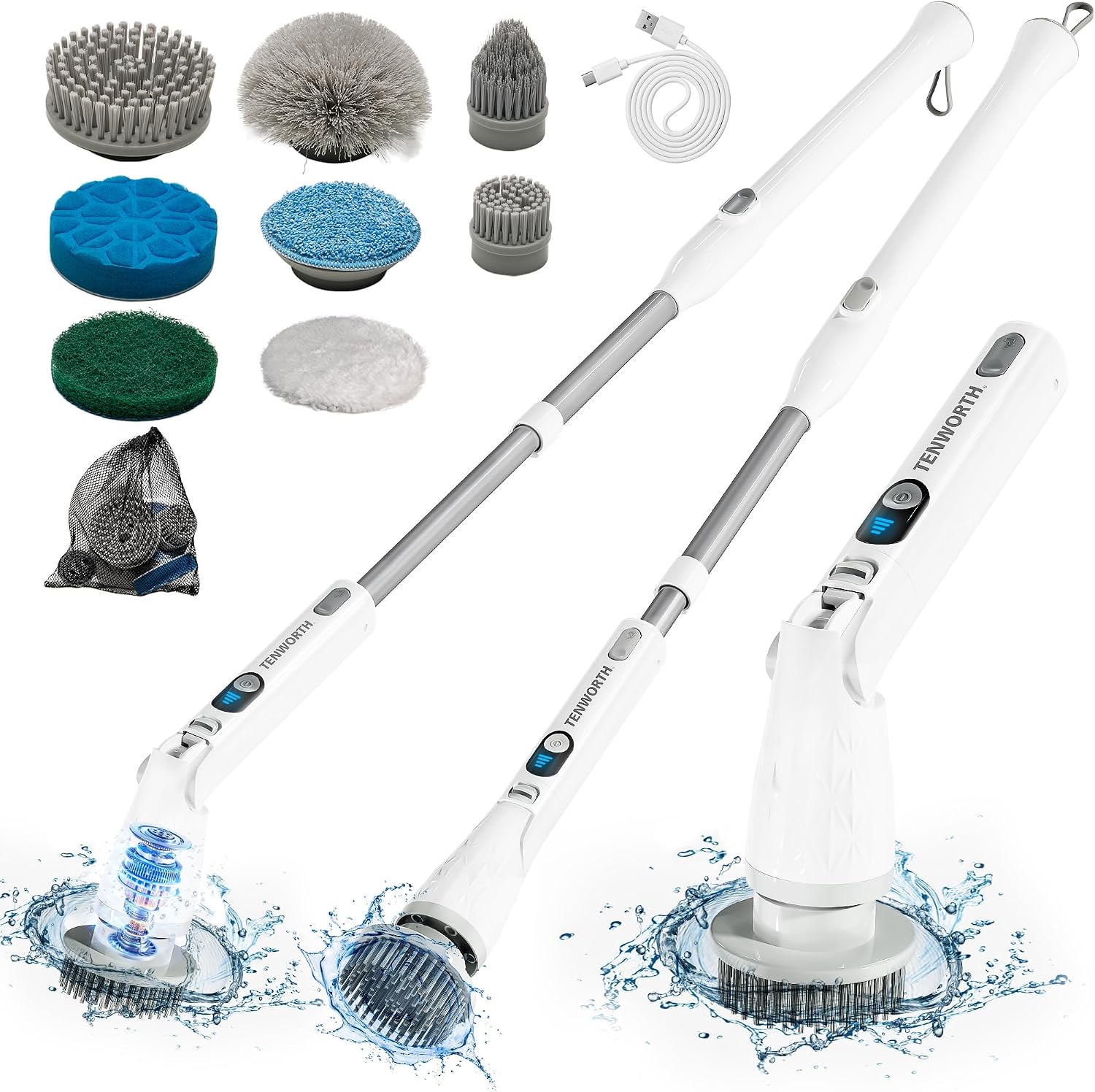 Electric Spin Scrubber with Long Handle, 8 Replaceable Brush Heads | Cordless Cleaning Brush, IPX7 Waterproof Bathroom Scrubber, for Tub Grout Tile Floor, TBL03