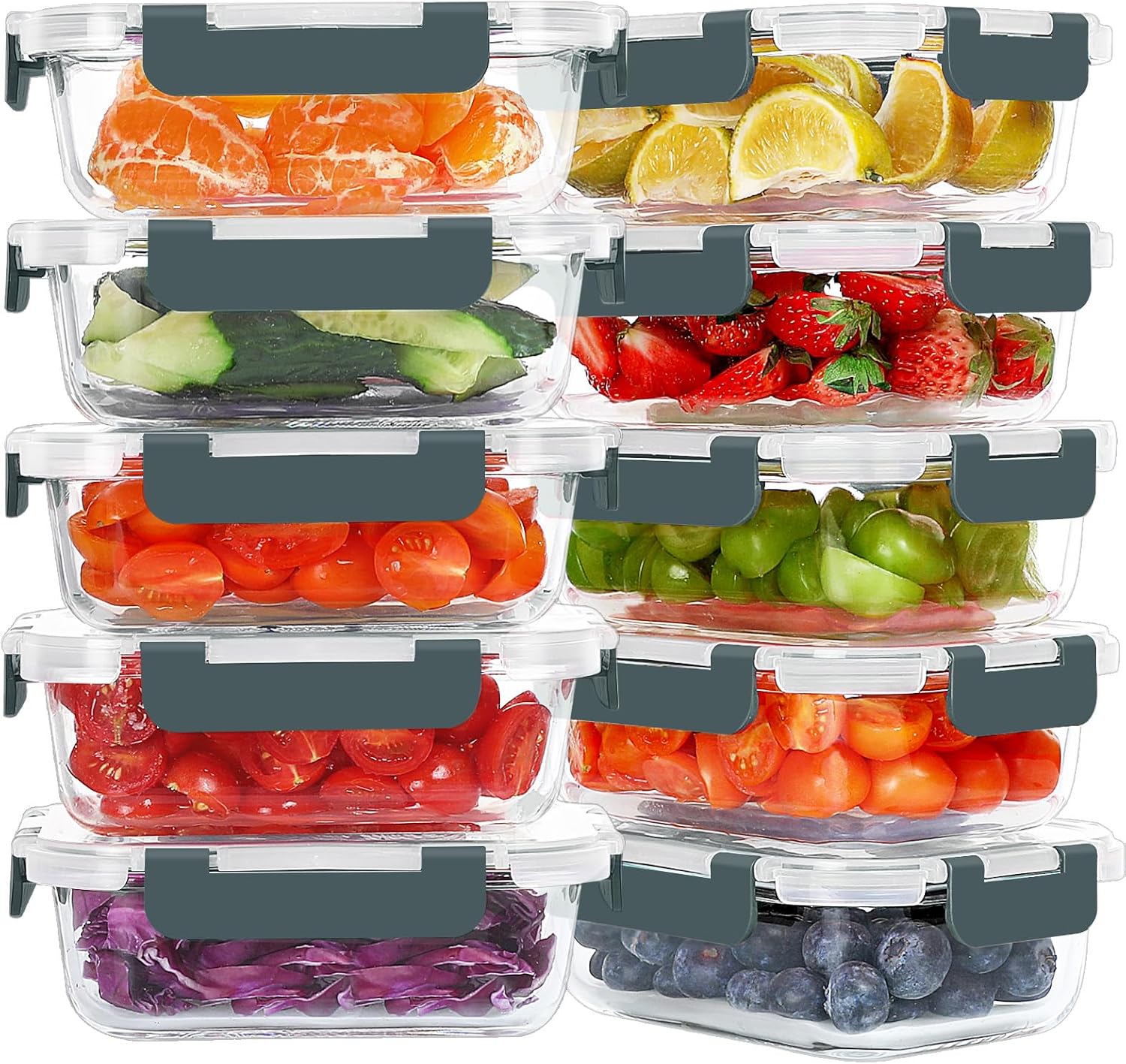 10 Packs 22 oz Glass Meal Prep Containers, Gray | Glass Food Storage Containers with Snap Locking Lids, Airtight Lunch Boxes, BPA-Free, Microwave, Oven and Freezer Safe