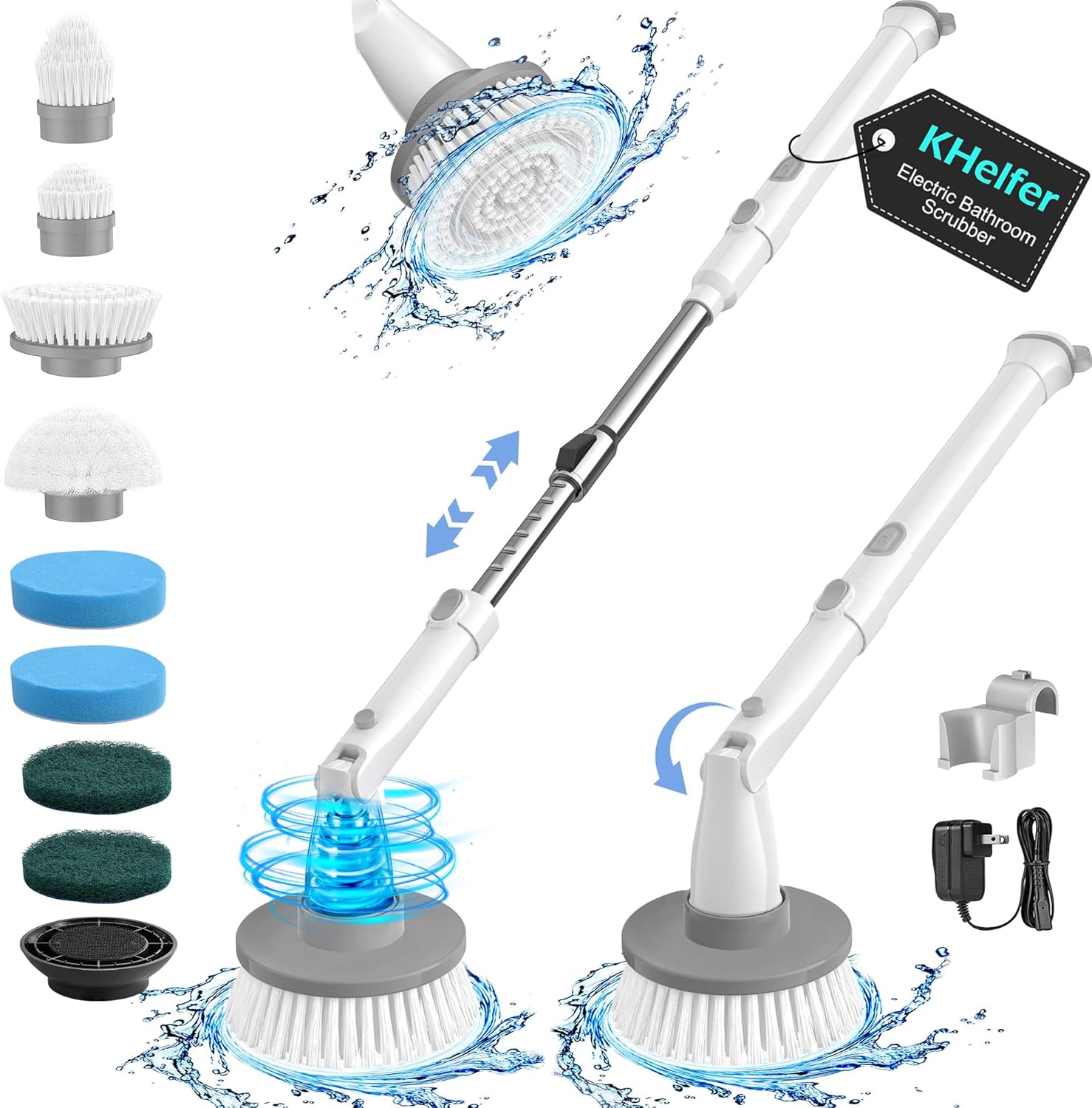 Electric Spin Scrubber, Cordless Shower Scrubber 8 Replacement Head | 1.5H Bathroom Scrubber Dual Speed, Shower Cleaning Brush with Extension Arm for Bathtub Tile Floor