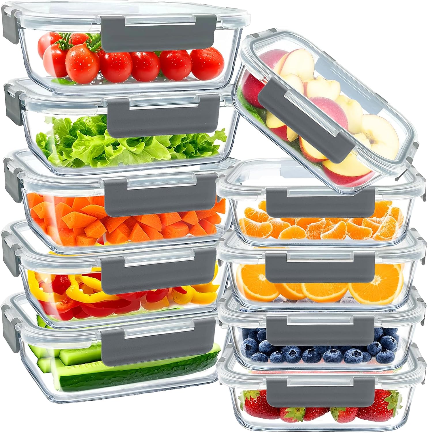 10 Pack Glass Meal Prep Containers with Lids Airtight 36oz & 12.5oz, Stackable Glass Food Storage Containers BPA Free, Leak Proof, Microwave, Oven, Freezer and Dishwasher Safe