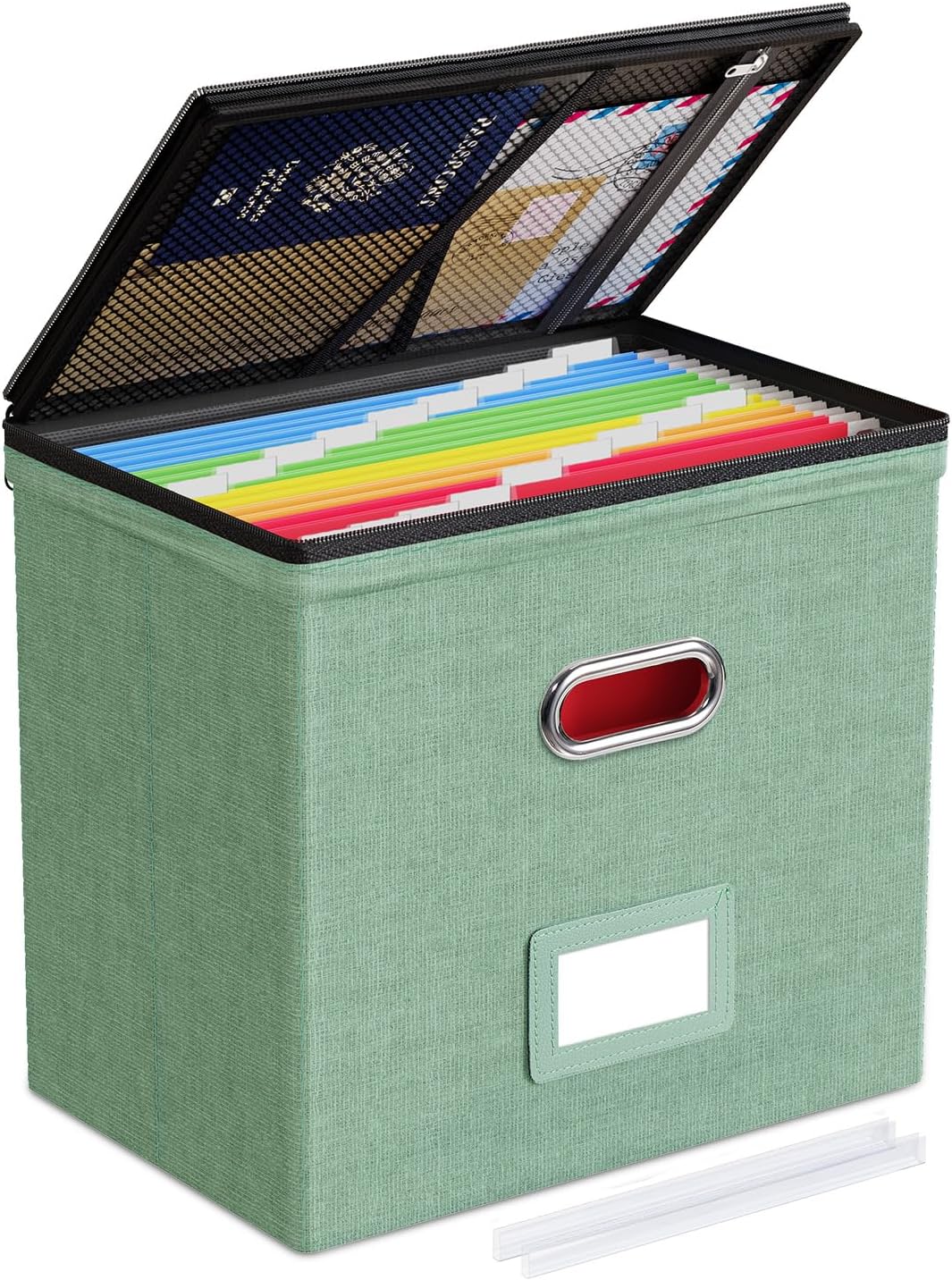 File Box Small 1-Pack Mesh Pockets Hanging Organizer for Letter-Size | Dustproof Lid. 3 Mesh Pockets. Collapsible Scratch-Resistant GRS Linen. Slide Rails. Office, Home, Dorm