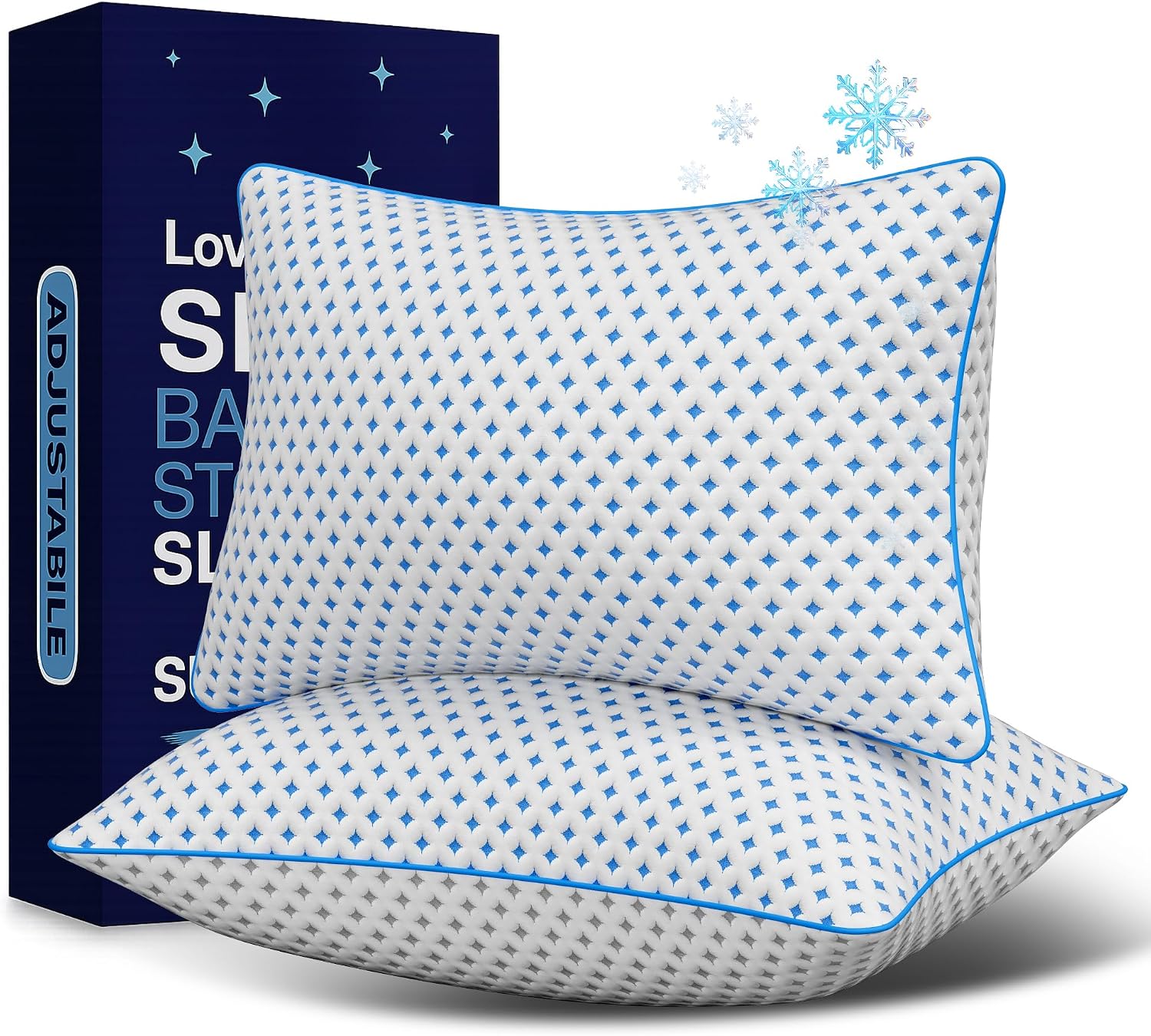 King Size Pillows Set of 2, Cooling Shredded Memory Foam Pillows | Adjustable Loft, Balanced Support, Medium Firm Feel, Side Back Stomach Sleepers, Washable Cover, Airflow Design, Easy Care
