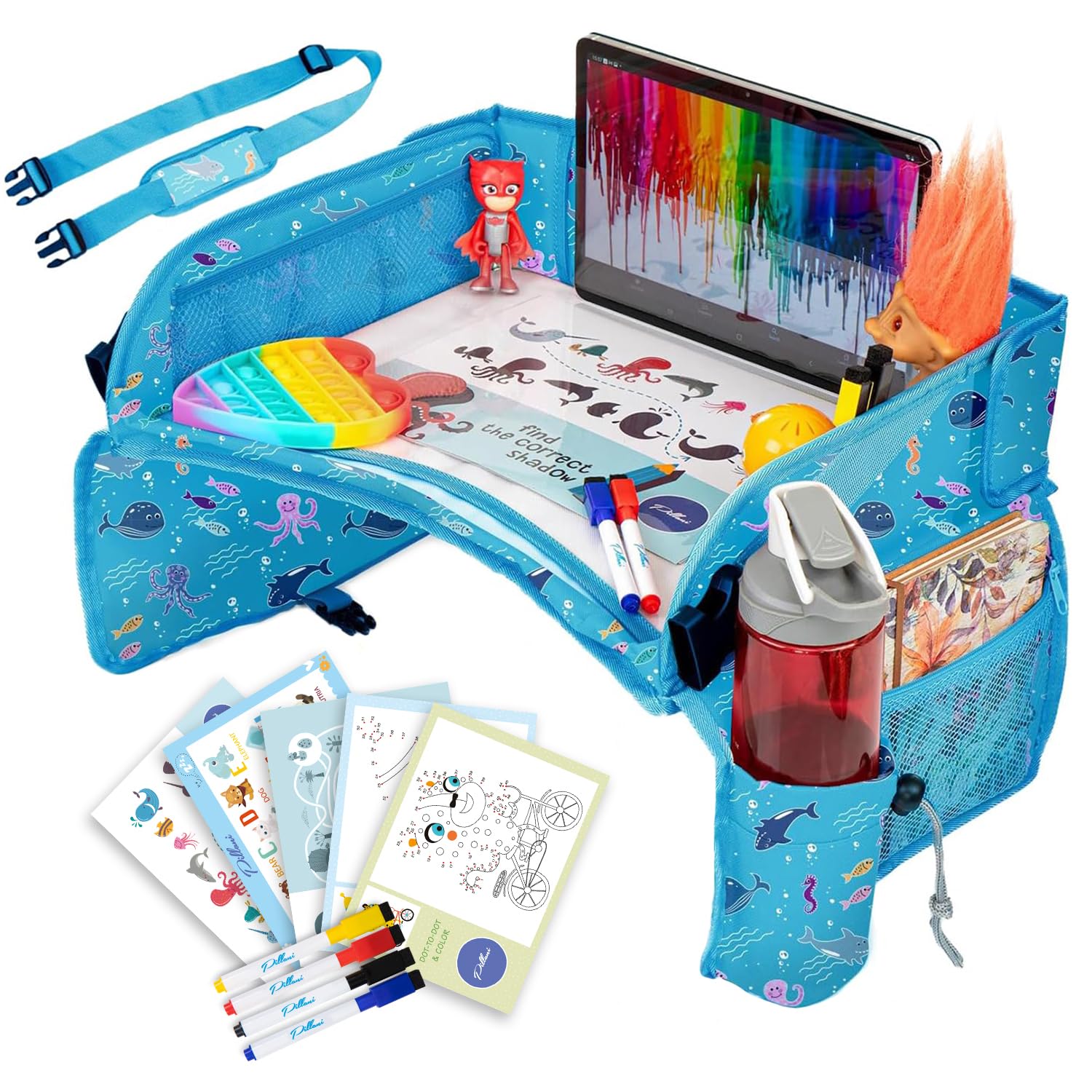 Kids Travel Tray for Car – Road Trip Activities for Kids – Car Seat Tray for Kids Travel w/ Activity Sheets, Pens & Dry Erase Board – Toddler Road Trip Essentials & Car Accessories for Kids