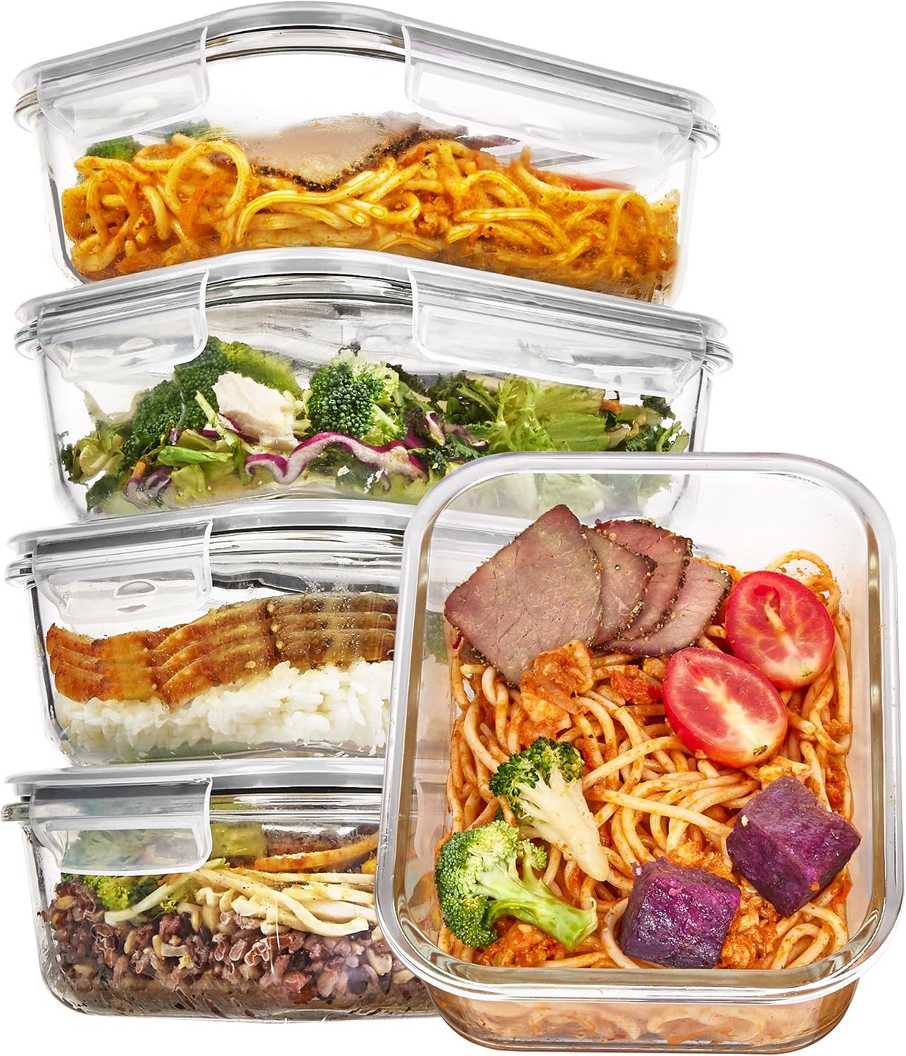Vtopmart 5 Pack 35oz Glass Food Storage Containers with Lids, Grey | Meal Prep Containers, Airtight Reusable Lunch Container Set, Safe for Oven, Microwave, Freezer, and Dishwasher, BPA Free