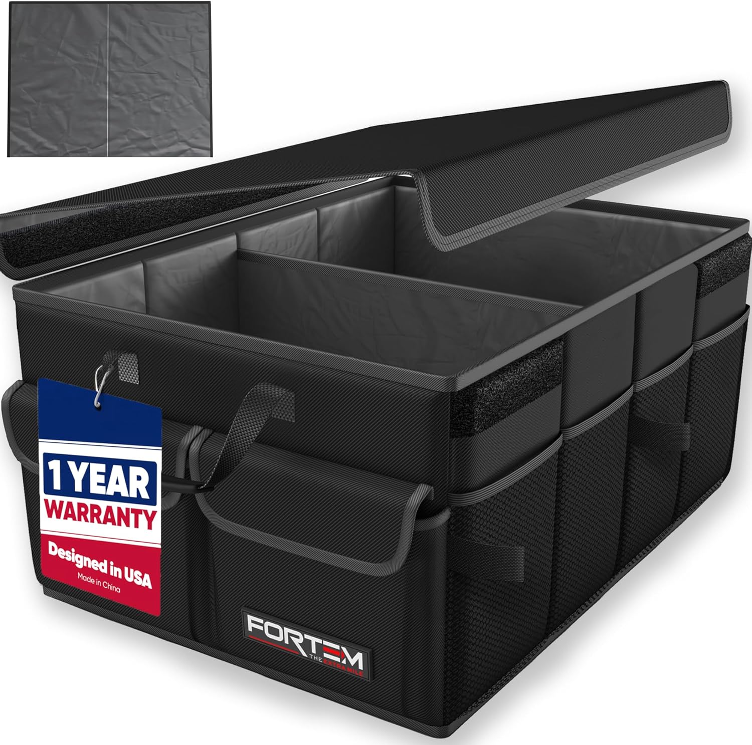 FORTEM Trunk Organizer – Foldable Car Organizer & Storage for SUVs & Trucks | Car Accessories for Men Women, Collapsible Bag, Non Slip Bottom, Straps, Soft Cover, 600D Oxford, Black, 2 Compartments, 45L