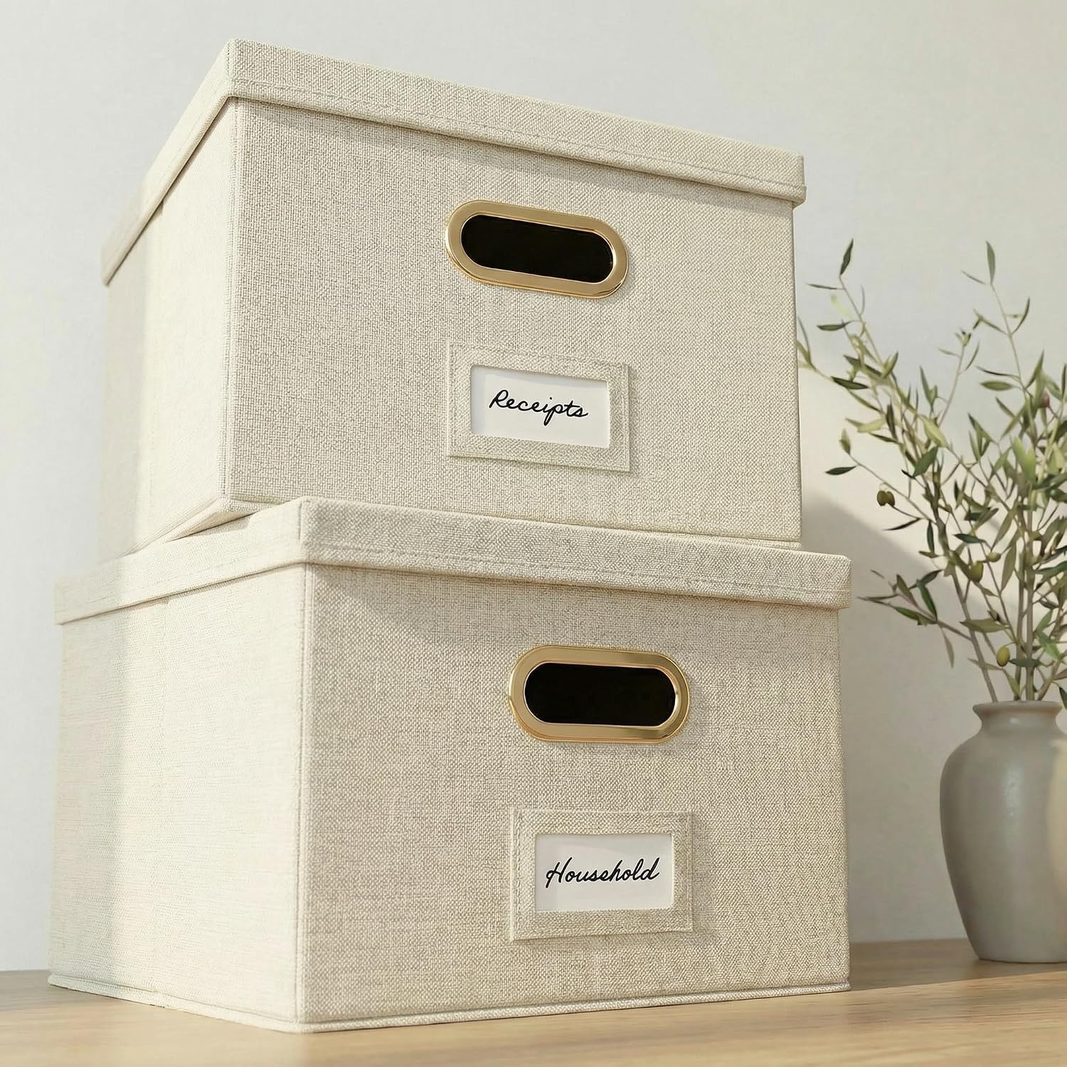Decorative File Organizer Box Set of 2 – Collapsible Linen Filing Cabinets | Stores Documents and Hanging File Folders – Portable Office Crates with Lid and Handles for Easy Slide Access