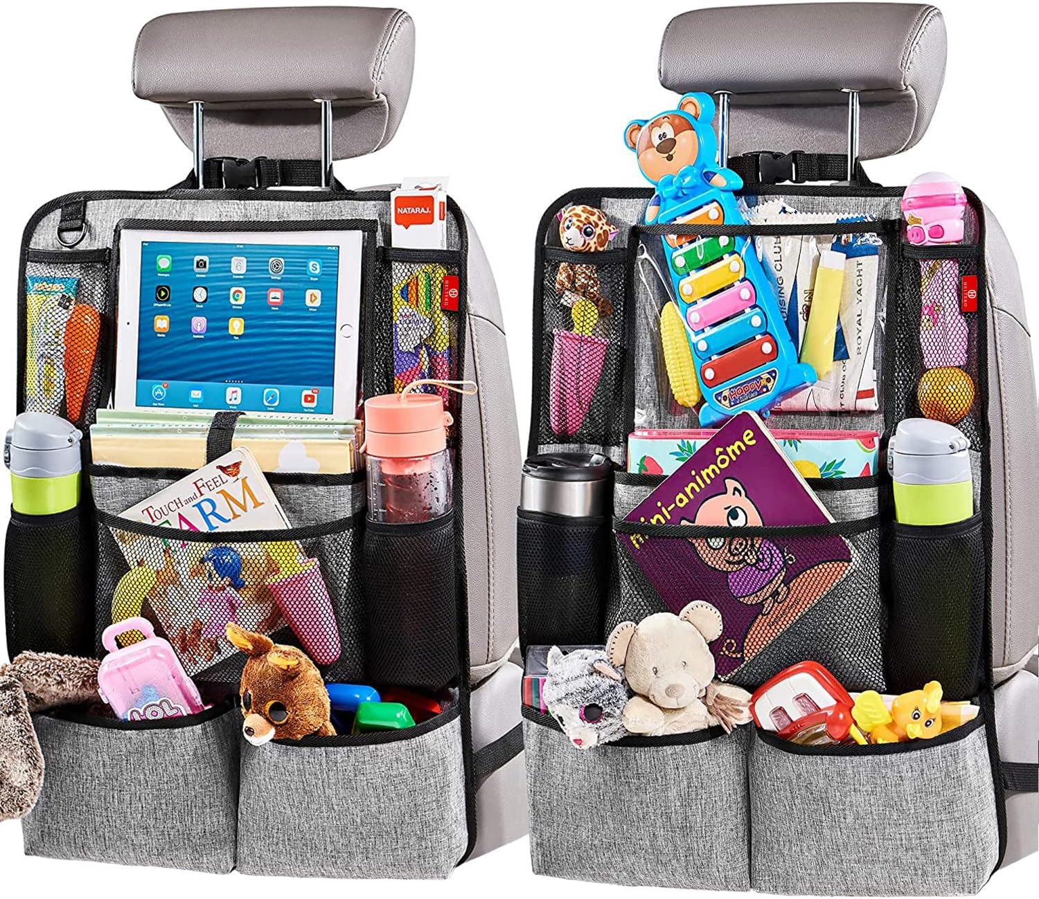 Helteko Backseat Car Organizer, Kick Mats Back Seat Protector with Touch Screen Tablet Holder, Organizer for Kids, Travel Accessories, Mat 9 Storage Pockets 2 Pack