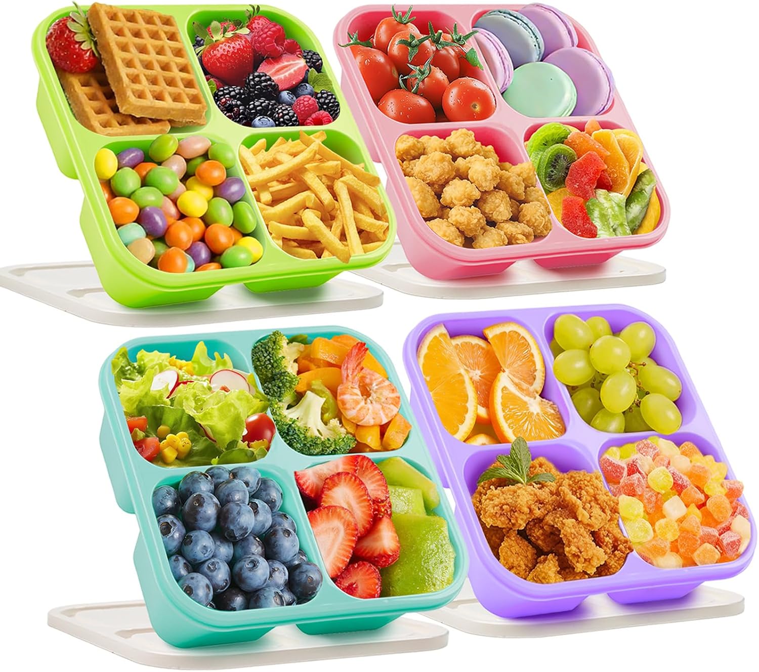 4 Pack Snack Containers Bento Box Adult Lunch Box,Meal Prep Container, Reusable Food Storage lunch Containers Stackable for Work, Travel and Gym (Grass Green, Pink, Green, Purple)
