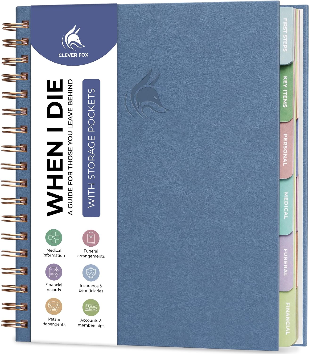 Clever Fox When I Die Organizer Binder Planner, Folders, 8.5×9.5 Smoke Blue | Final chapter folder with pockets in case I die, Important documents, Estate planning, Final wishes, Labels, Checklists