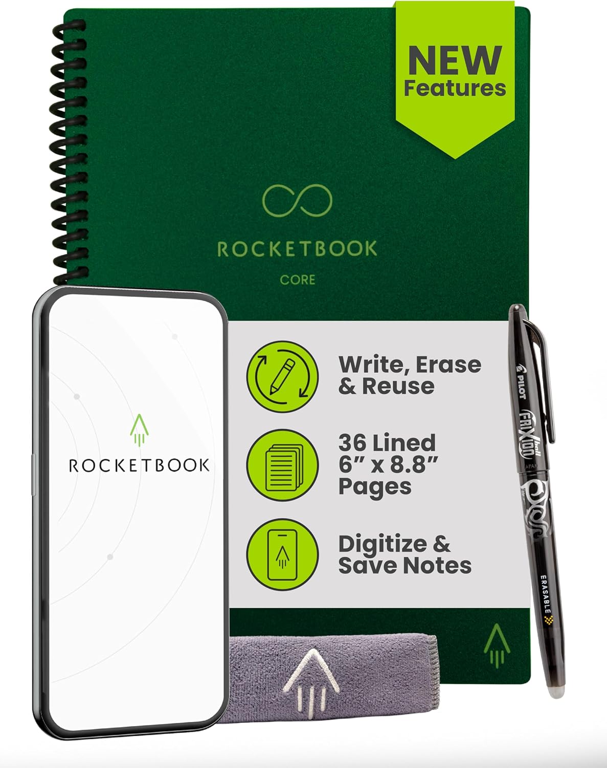 Rocketbook Core Reusable Smart Notebook, Executive Size 6×8.8, Green | Lined Pages For School Work and Creative Projects, Includes Pen and Towel