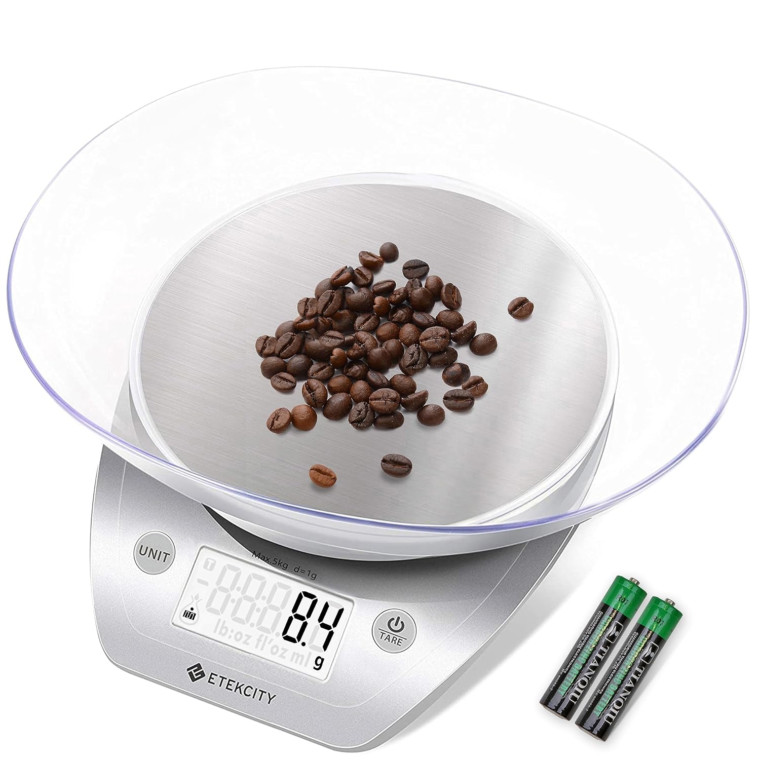 Etekcity 0.1g Food Kitchen Scale, Bowl, Digital Grams and Ounces for Weight Loss, Dieting, Baking, Cooking, and Meal Prep, 11lb/5kg, Stainless Steel Silver | 11lb/5kg capacity with tare, removable bowl, ideal for baking, coffee, meal prep and portion control, Stainless Steel, Silver