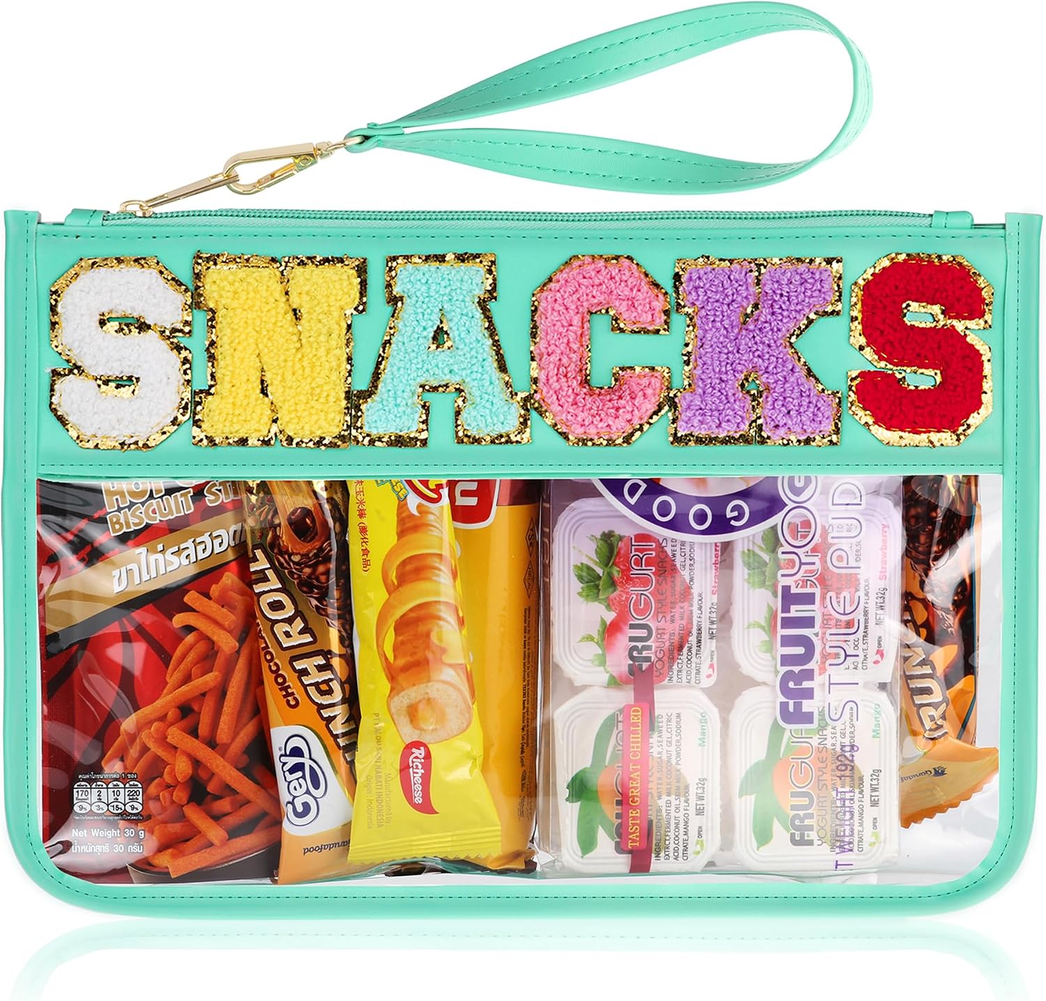 Snack Bag for Travel – Clear Chenille Varsity Letter Flat Pouch with Zipper, 12.2×8.46 inch Waterproof Clear Nylon Preppy Patch Makeup Cosmetic tote Bags for Women Girls