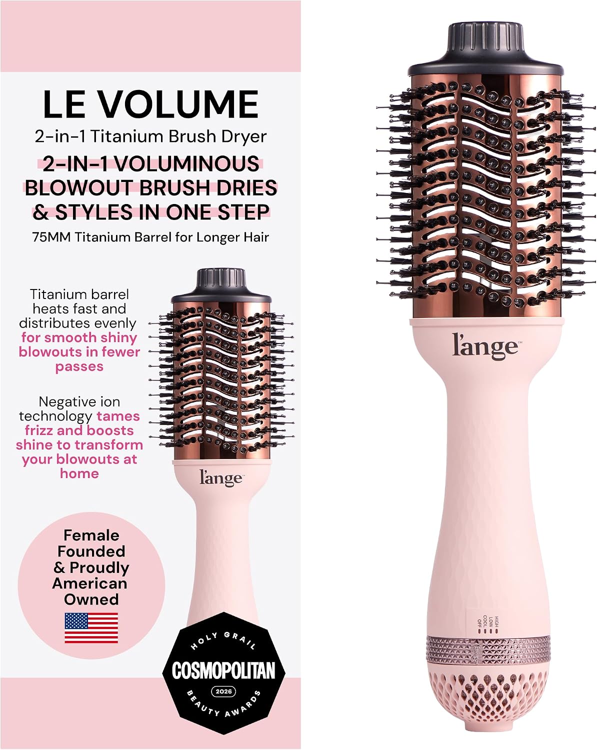 L’ANGE HAIR Le Volume 2-in-1 Titanium Blow Dryer Brush | Frizz Control Blowout Hair Dryer Brush for Drying and Styling | Volumizing Hot Air Styler for All Hairstyles | Oval Barrel | Blush – 75mm
