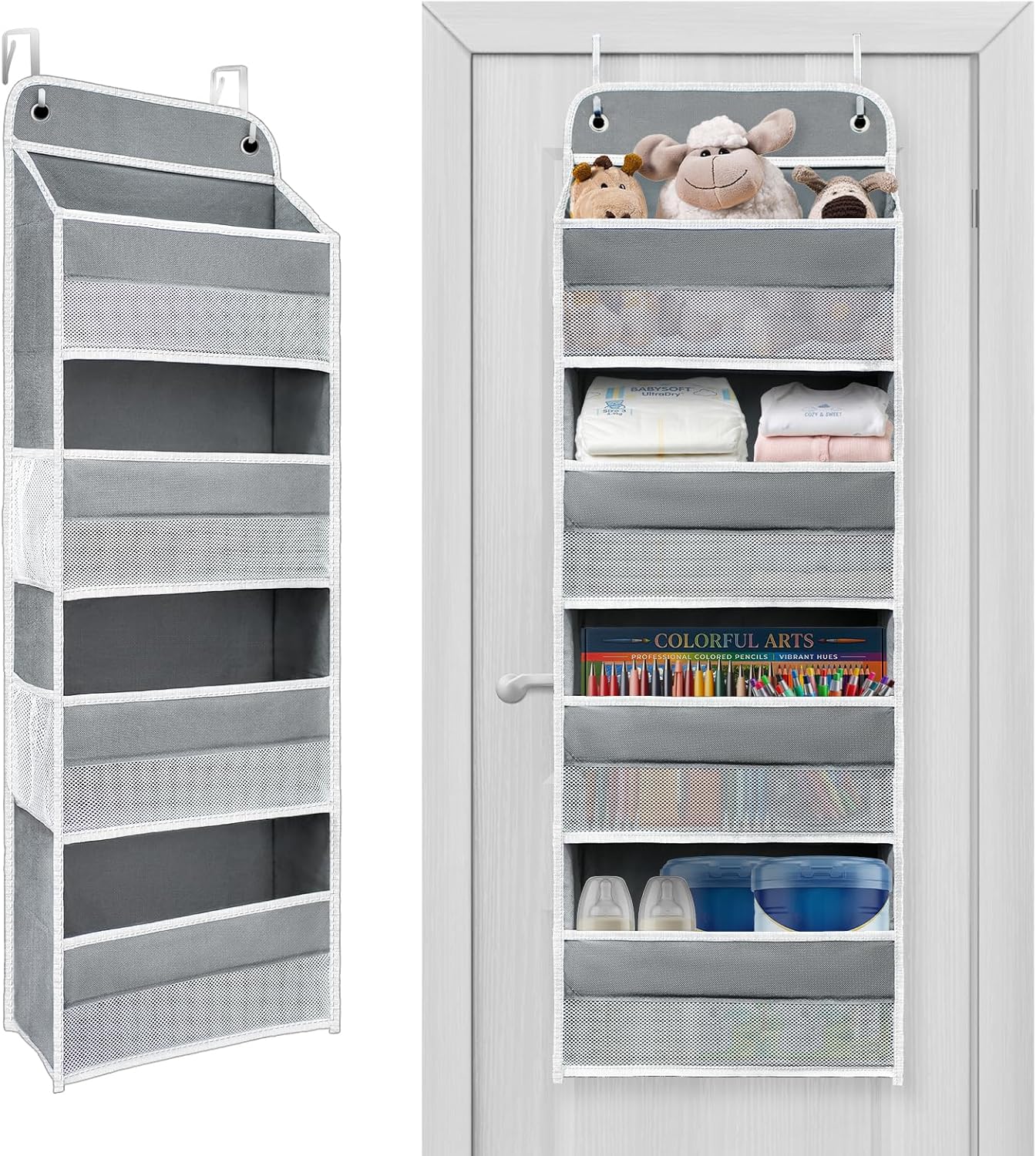 Over The Door Organizer 4 Shelves & 4 Side Pockets, Large Storage Rack | Anti-Tilt Hanging Door Storage for Closet, Heavy-Duty Mesh Shelf for Bathroom Closet Toy Organization Shoes Towels, Grey