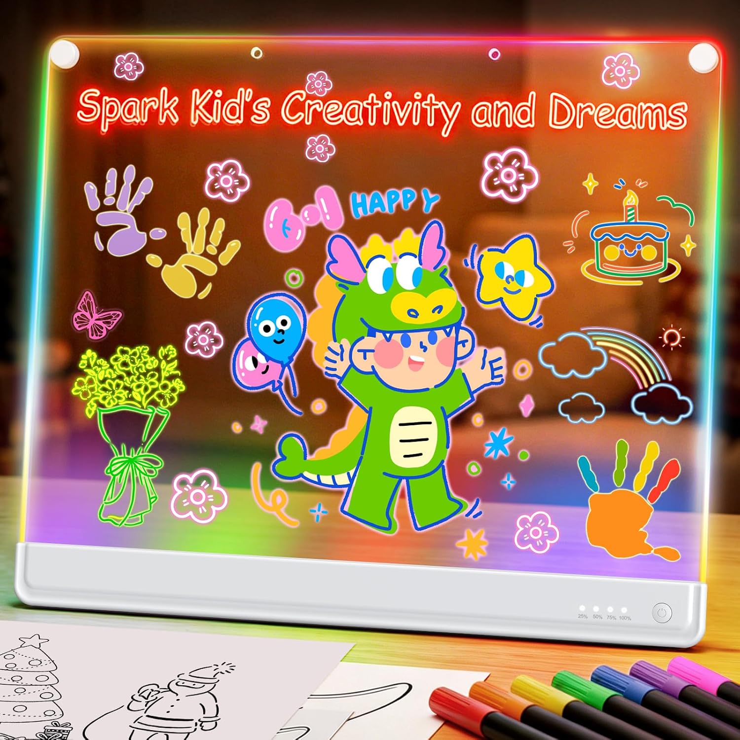 19.7-Inch Rechargeable Doodle Glow LED Note Board,15-Color Light Effects,Neon Light Up Drawing Tablet Up Drawing Pad Dry Erase with Built-in Stand,Gift Toy for Kids/Girls/Teens,7 Markers Tracing Book