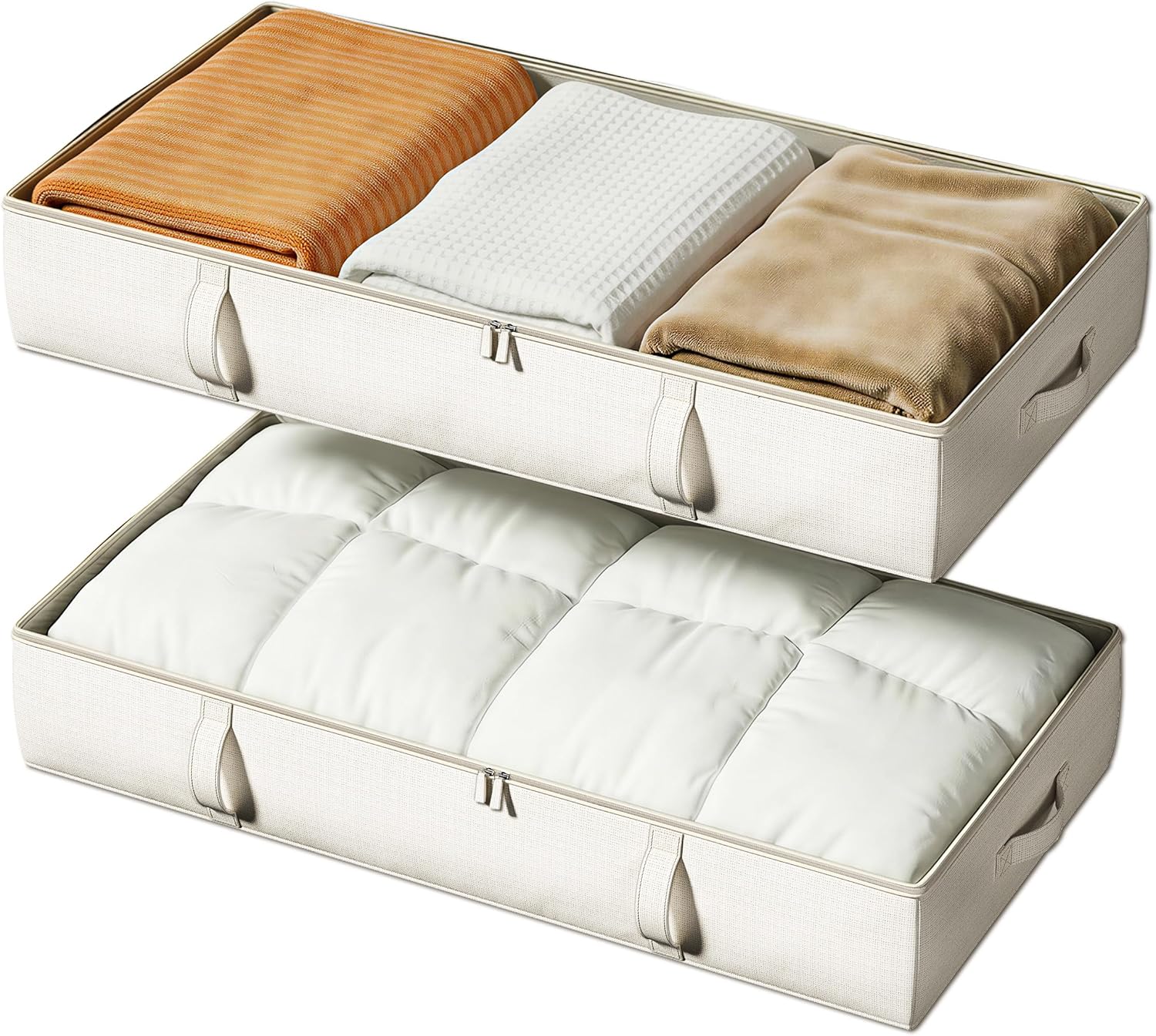 Side-Supported Under Bed Storage Containers, 6 Inches Tall 60L Underbed Storage Bins with Sturdy Handles and Sidewalls, Closet Organizer for Clothes, Blankets, Seasonal Items, Beige, 2-Pack | Underbed Storage Bin with Sturdy Handles and Sidewalls, Closet Organizer for Clothes, Blankets, Seasonal Items, Beige, 2 Pack