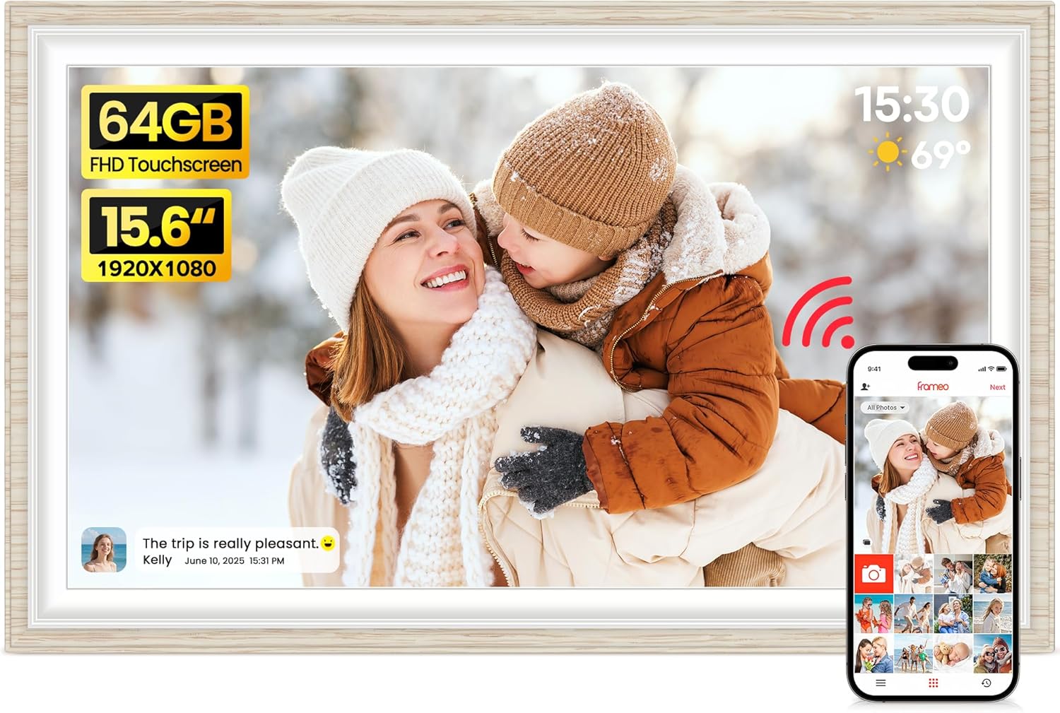 64GB Frameo 15.6″ Digital Picture Frame Large 1920 x 1080 IPS FHD Touch Screen WiFi Electronic Photo Frames Share Moments Instantly Anywhere Best Gifts for Parents and Grandparents White Wood