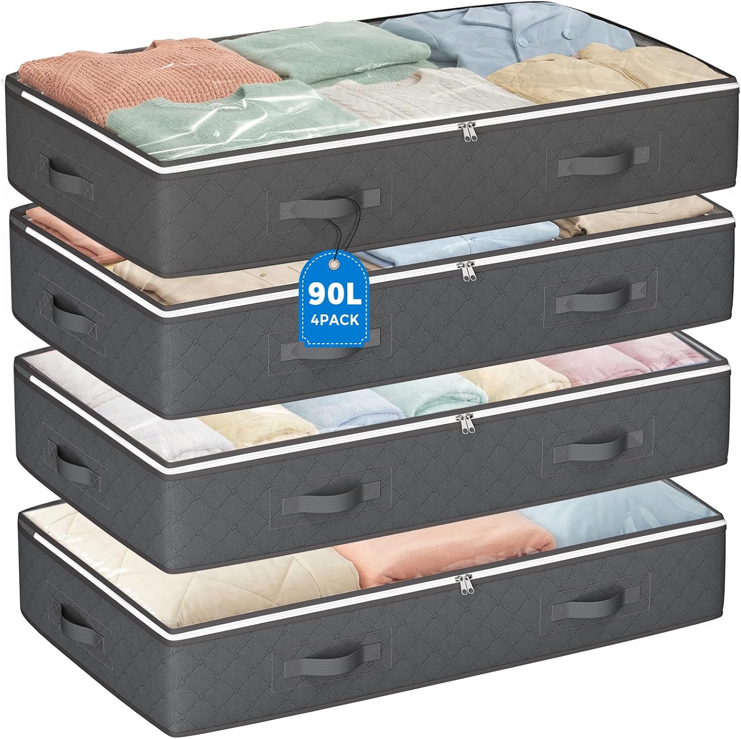 90L Under Bed Storage Containers, 4 Pack Closet Organizers Grey | Foldable underbed storage bins for linen sheets, blanket, clothing, comforter, sweaters, pillows, wrapping paper