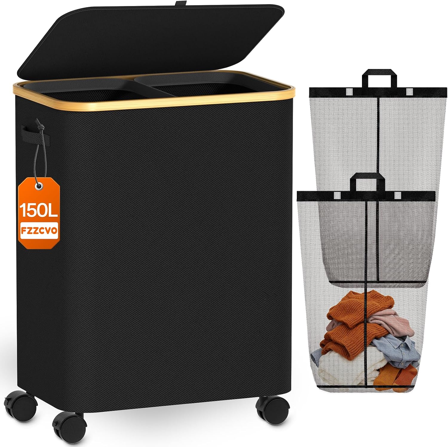 Double Laundry Basket with Wheels and Lid, 150L Clothes Hampers for Laundry | Large Laundry Hamper with 2 Sections & Removable Liner Bags, Rolling Dirty Clothes Basket for Bedroom Bathroom Dorm College