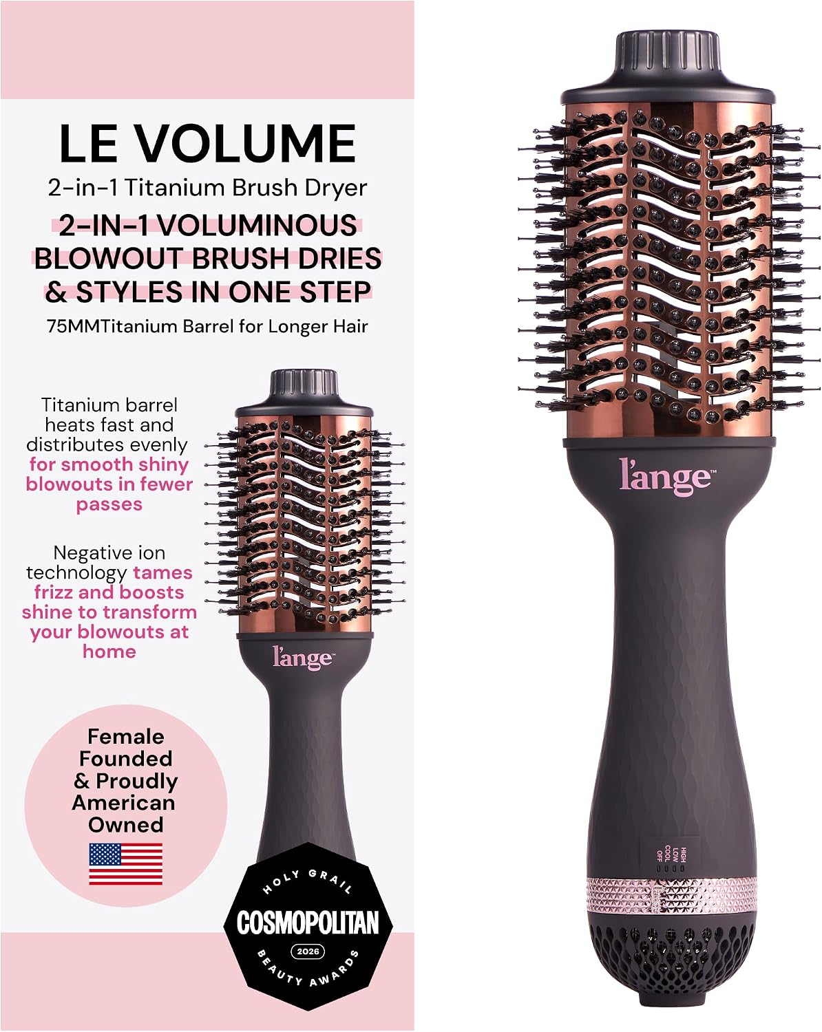 L’ANGE HAIR Le Volume 2-in-1 Titanium Blow Dryer Brush | Frizz Control Blowout Hair Dryer Brush for Drying and Styling | Volumizing Hot Air Styler for All Hairstyles | Oval Barrel | Black – 75mm