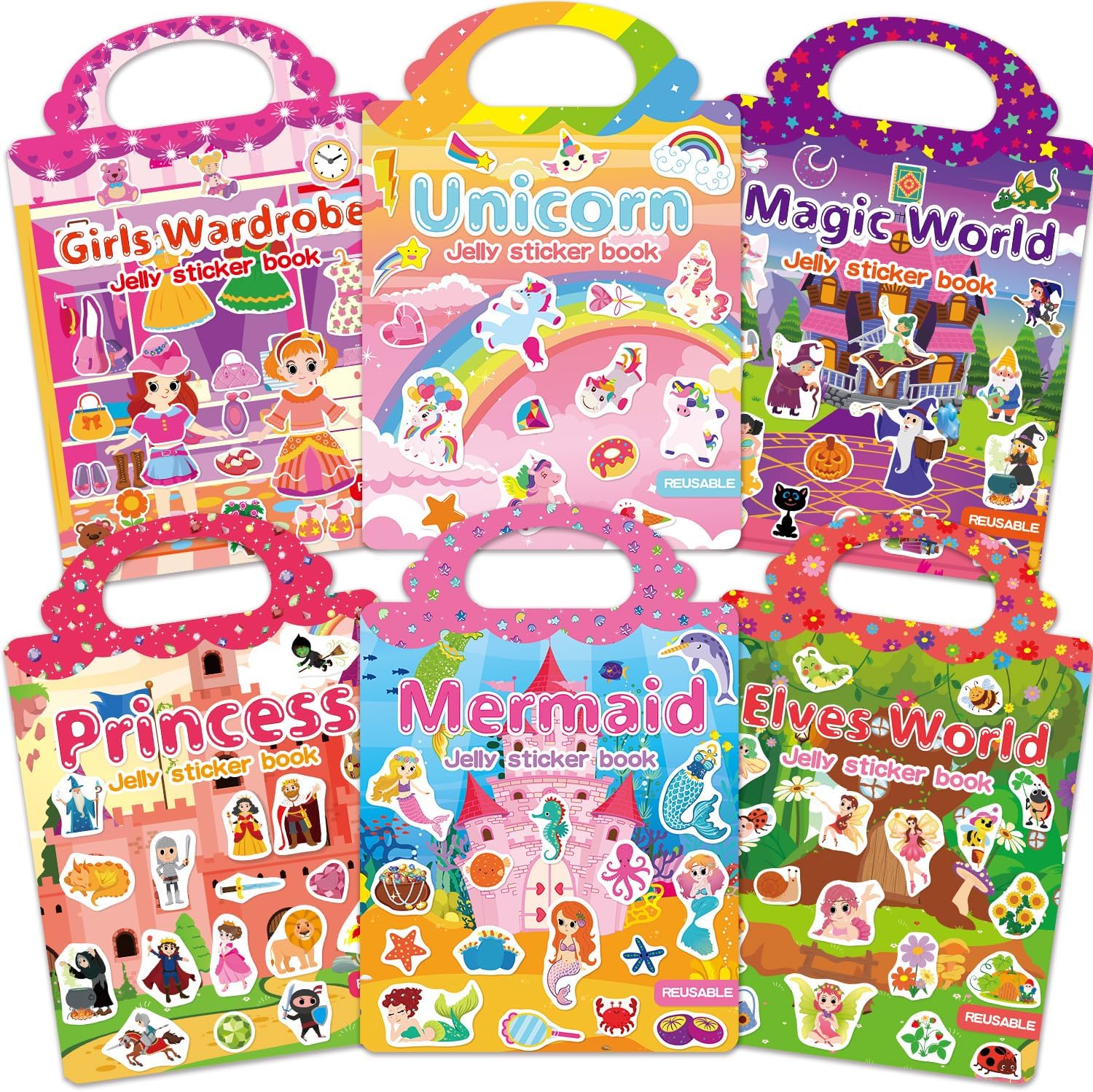 6 Sets Reusable Sticker Book for Girls 3-6, Jelly Sticker Books for Toddler, Travel Sticker Activity Toys for Kids 3 4 5 6 Years Old Girls (Girl Theme)