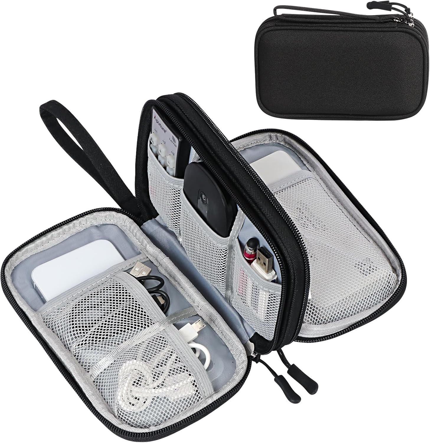 FYY Electronic Organizer, Travel Tech Pouch Bag, Medium, Black | Wrist Strap, Waterproof, Double Layers Portable Electronics Travel Carrying Case for Cord, Charger, Daily Business Trips Use