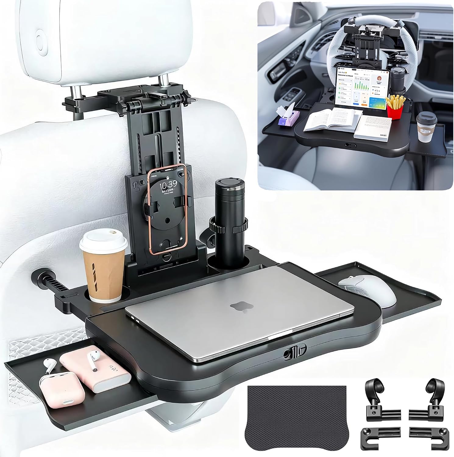 Large Foldable Backseat Tray Table, Car Laptop Desk with Cup Holder, Back Headrest Passenger Food Tray, Phone Tablet Holder, Multifunctional Travel Desk, Car Essentials for Kids & Long Road Trips