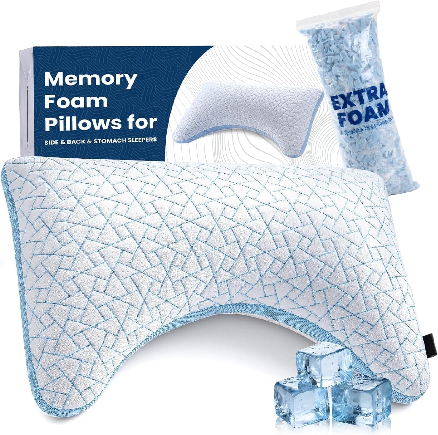 A-Pce Cooling Memory Foam Pillow for Neck&Shoulder Pain Relief, Set of 1 | Queen Size, Crescent Pillows for Hot Sleepers with Wahsable Cover, Adjustable Firm, Extra Shredded Memory Foam