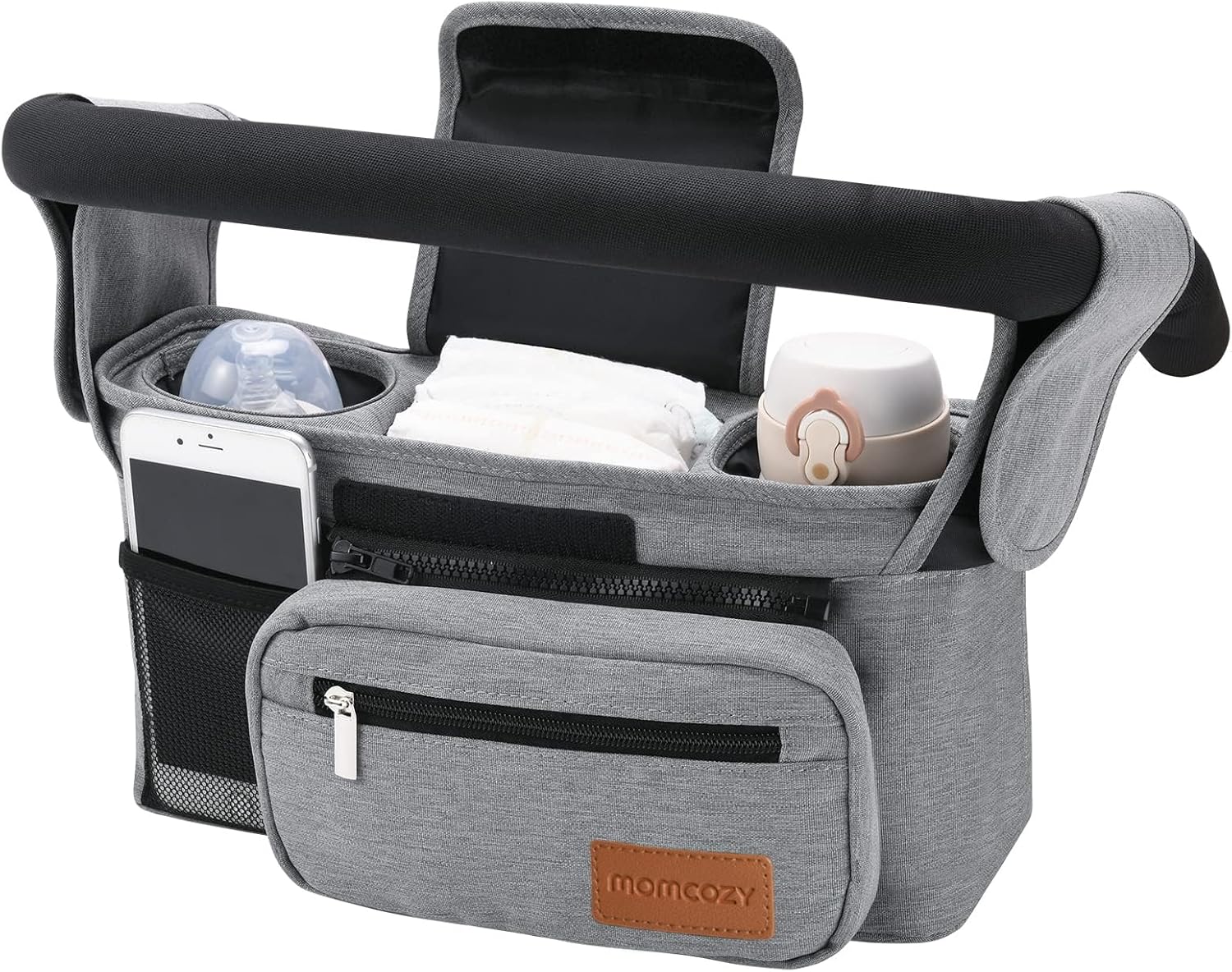 Momcozy Universal Stroller Organizer with Insulated Cup Holder | Detachable Phone Bag and Shoulder Strap, Fits for Uppababy, Baby Jogger, Britax, BOB, Umbrella, and Pet Strollers
