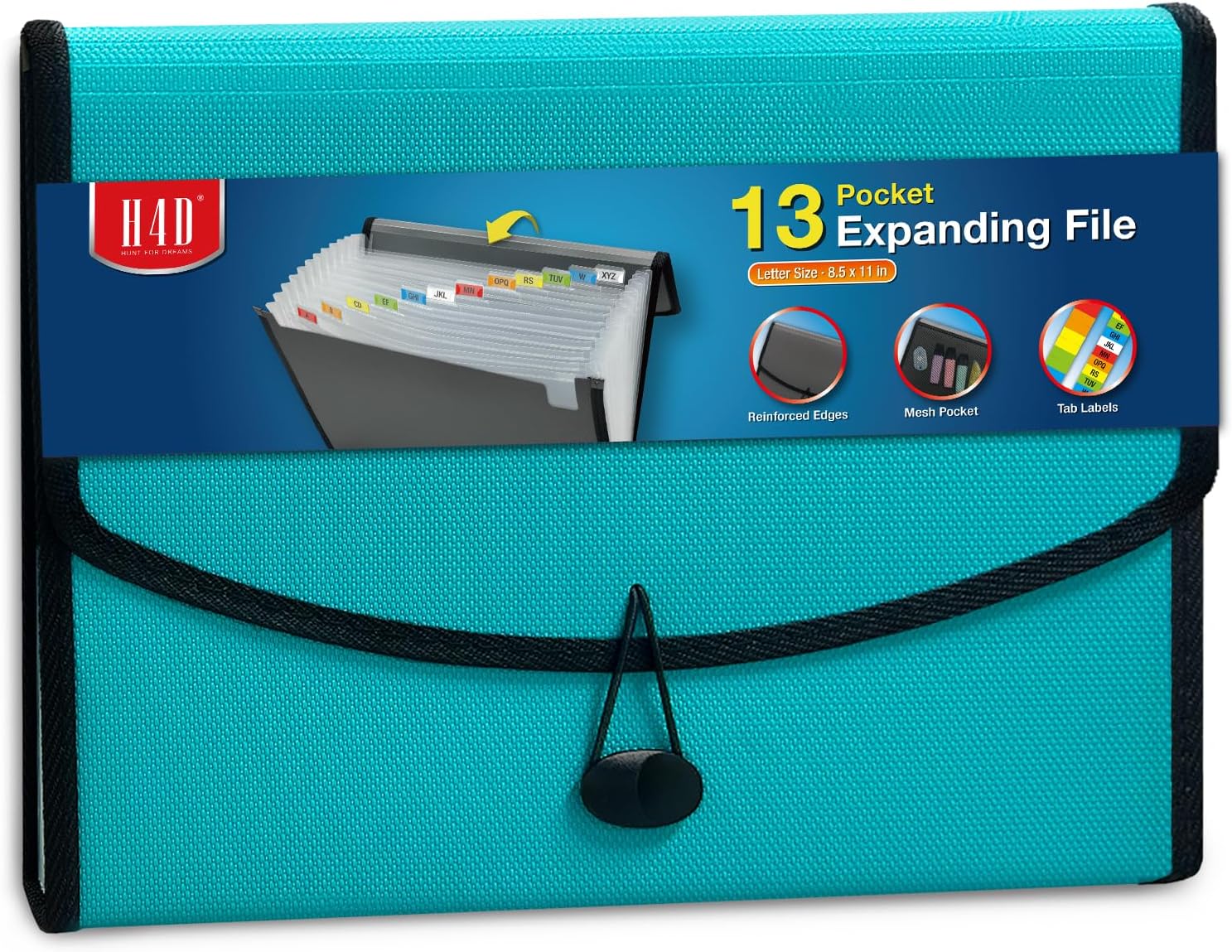 H4D 13-Pocket Accordion File Organizer, Expanding File Folder, Teal | Back Mesh Pocket, Letter Size Paper, Reinforced Edges, Large Capacity, Colorful Tabs, Waterproof, Document Organizer