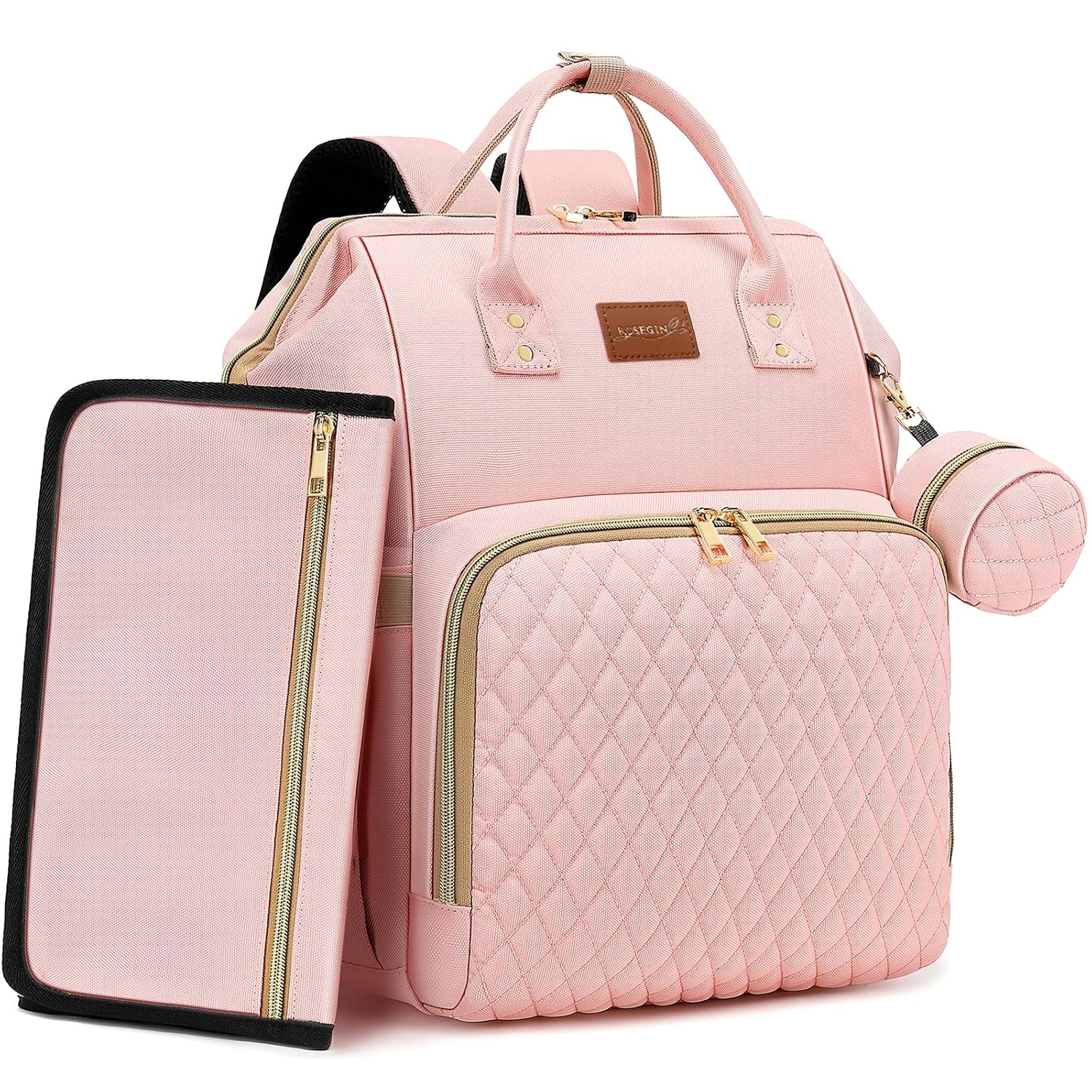 ROSEGIN Pink Diaper Bag Backpack for Baby Girls – Baby Shower Gifts for Mom, Quilted Diaper Bag with Changing Pad, Pacifier Case, Insulated Pockets, Stroller Straps, 35L Large Capacity – Cute